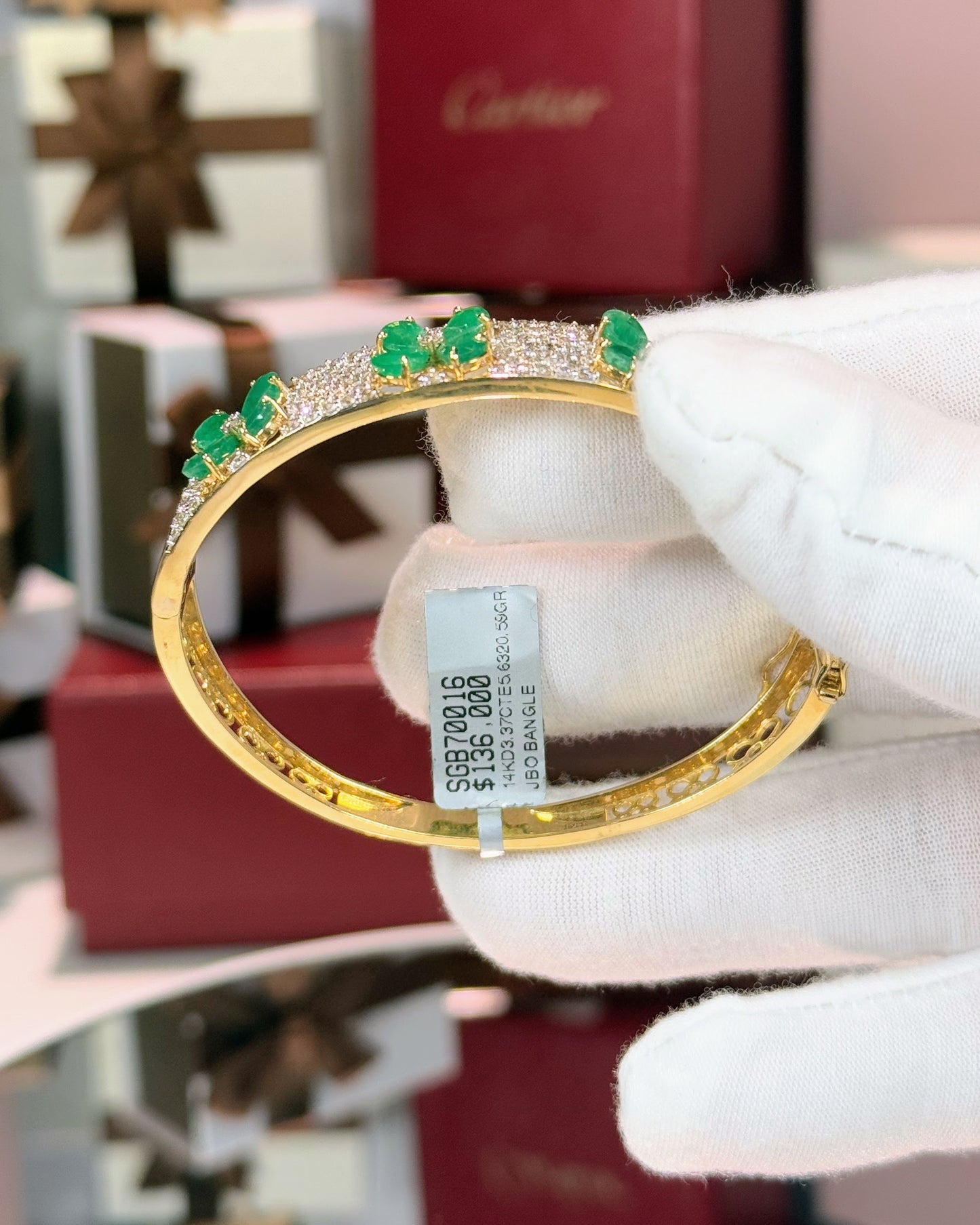 14k Yellow Gold Emerald Flowers Diamond Pave Bangle