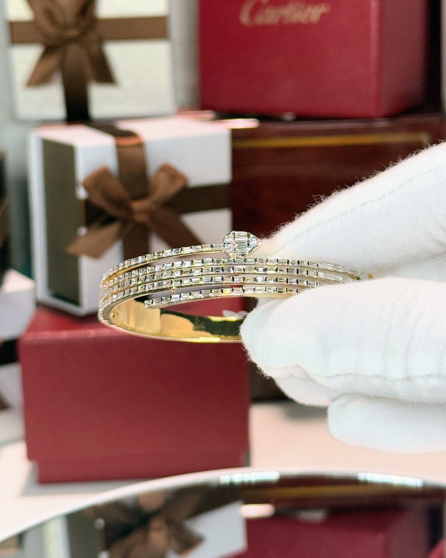 Snake Design 14k Yellow Gold Baguette Diamond Bangle