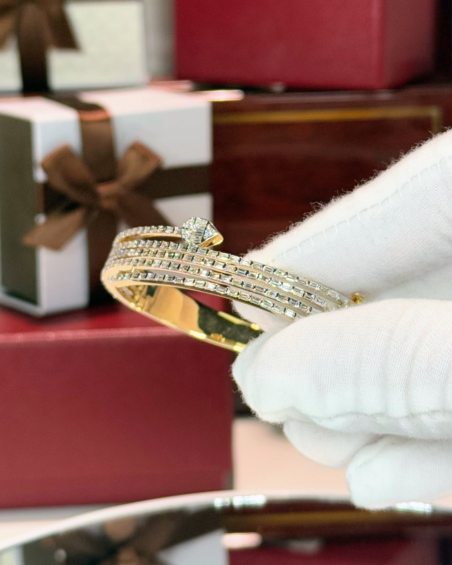 Snake Design 14k Yellow Gold Baguette Diamond Bangle
