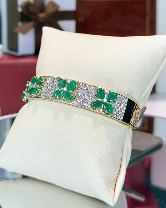 14k Yellow Gold Emerald Flowers Diamond Pave Bangle