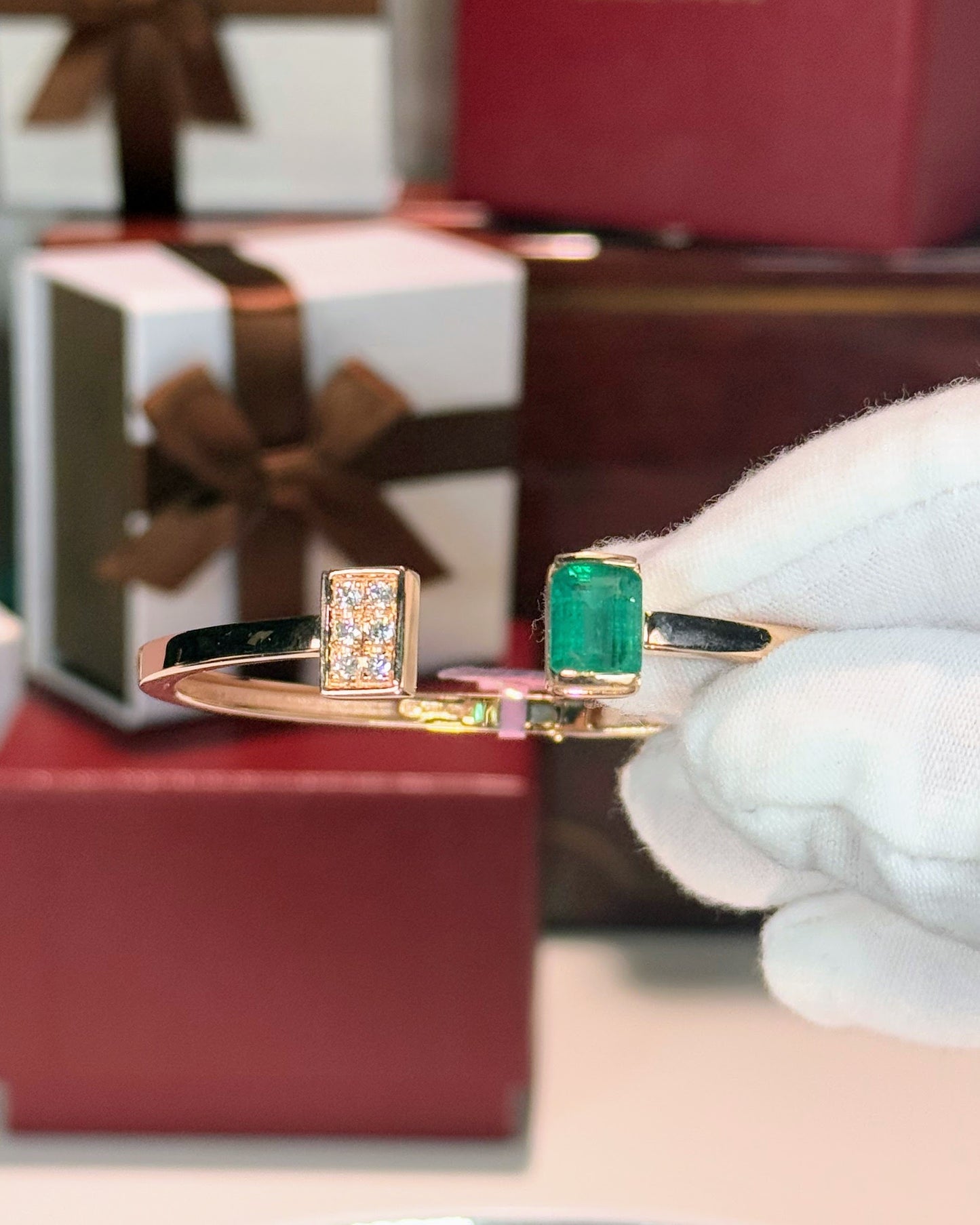 Emerald Open Cuff 14k Rose Gold Bangle