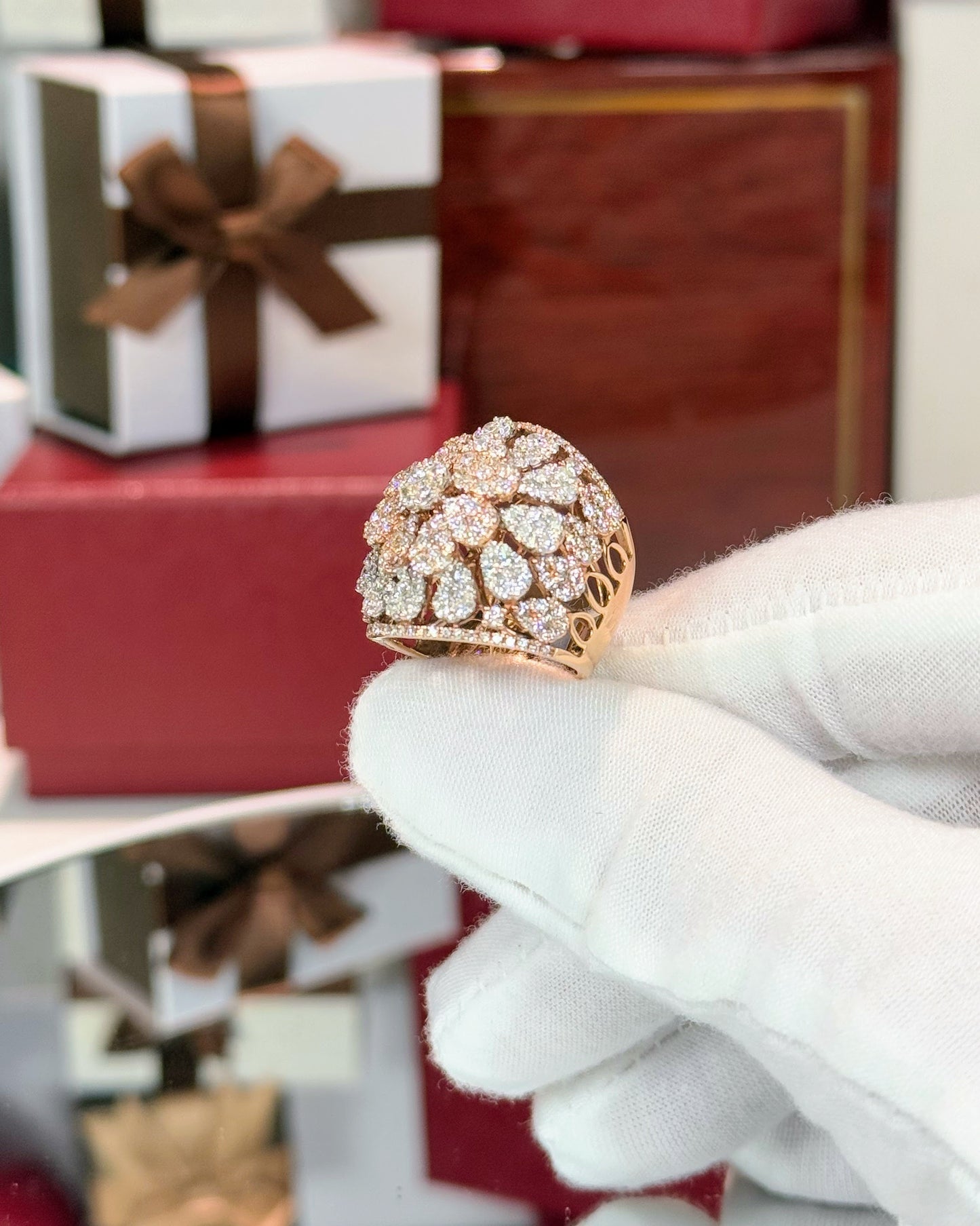 14k Rose Gold Floral Pattern Diamond Dome Ring