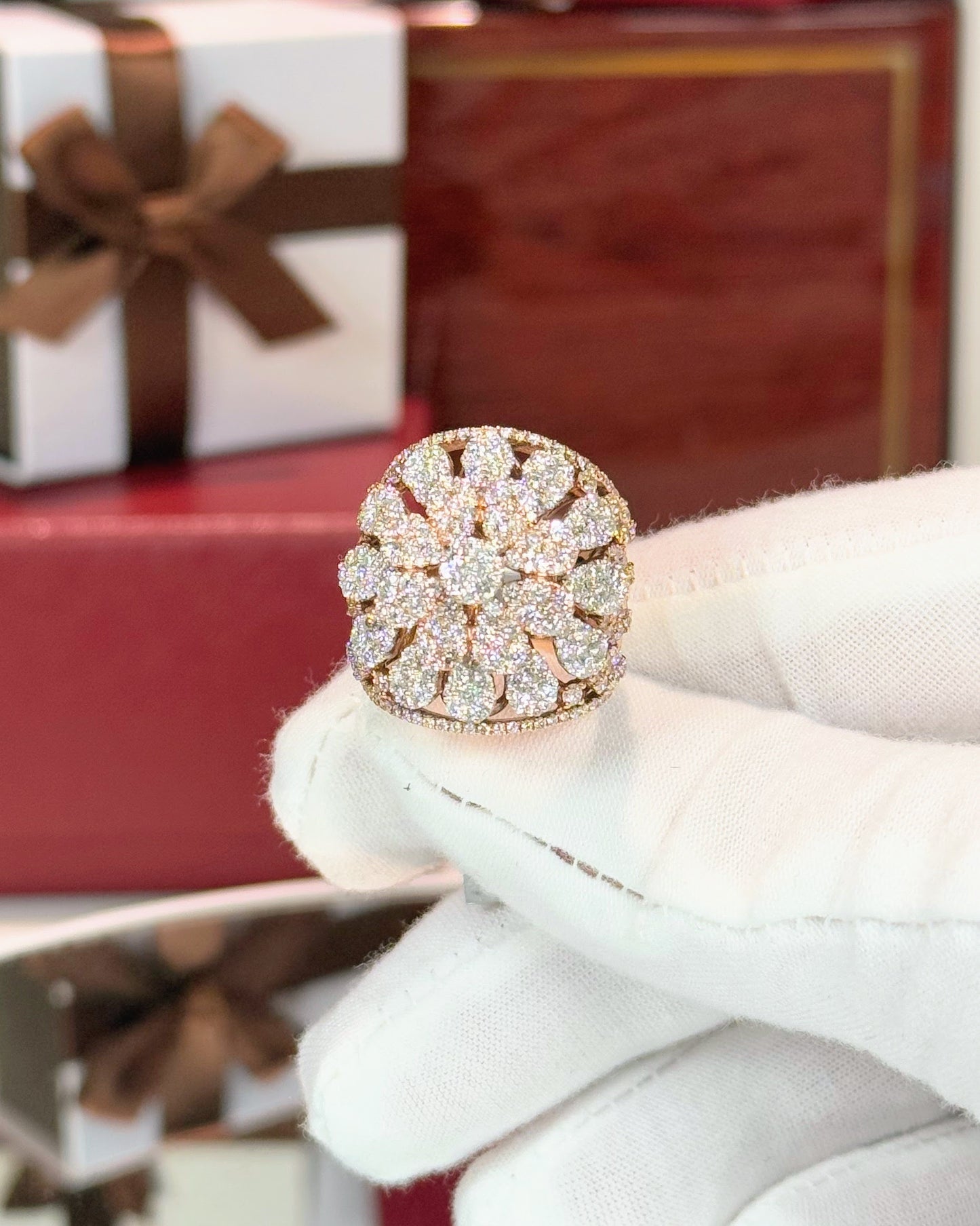 14k Rose Gold Floral Pattern Diamond Dome Ring