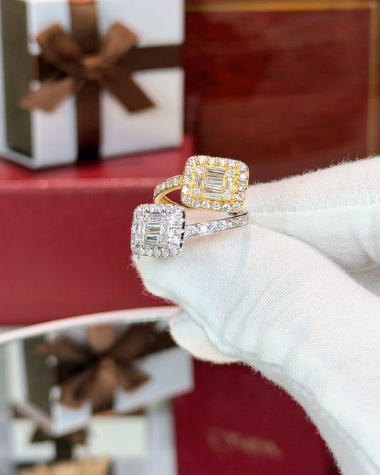 Square baguette Diamond Bypass Ring 14k Yellow Gold and White Gold
