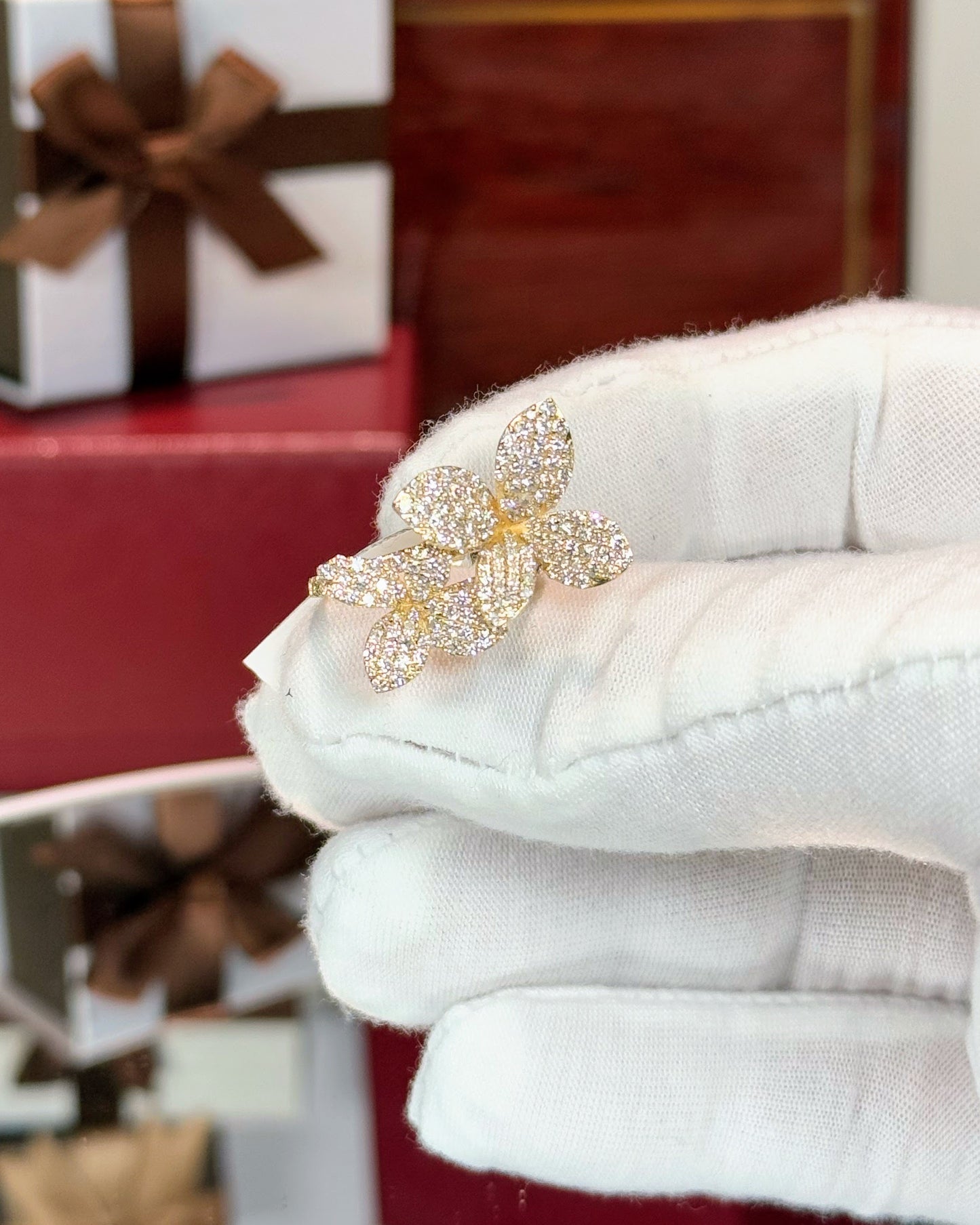 14k Yellow Gold Double Flower Diamond Ring