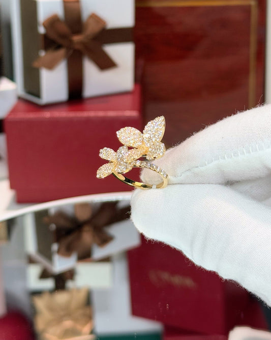 14k Yellow Gold Double Flower Diamond Ring