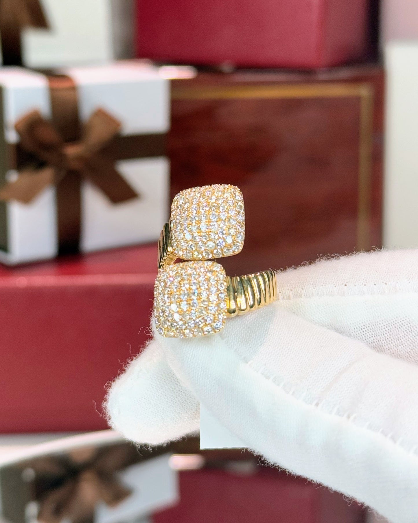 14k Yellow Gold Square Clusters Diamond Bypass Ring