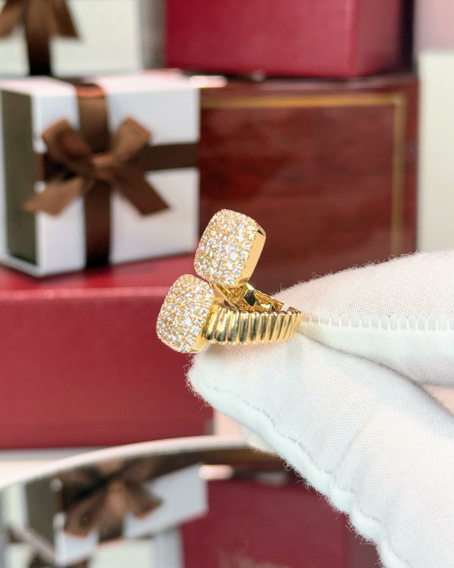 14k Yellow Gold Square Clusters Diamond Bypass Ring