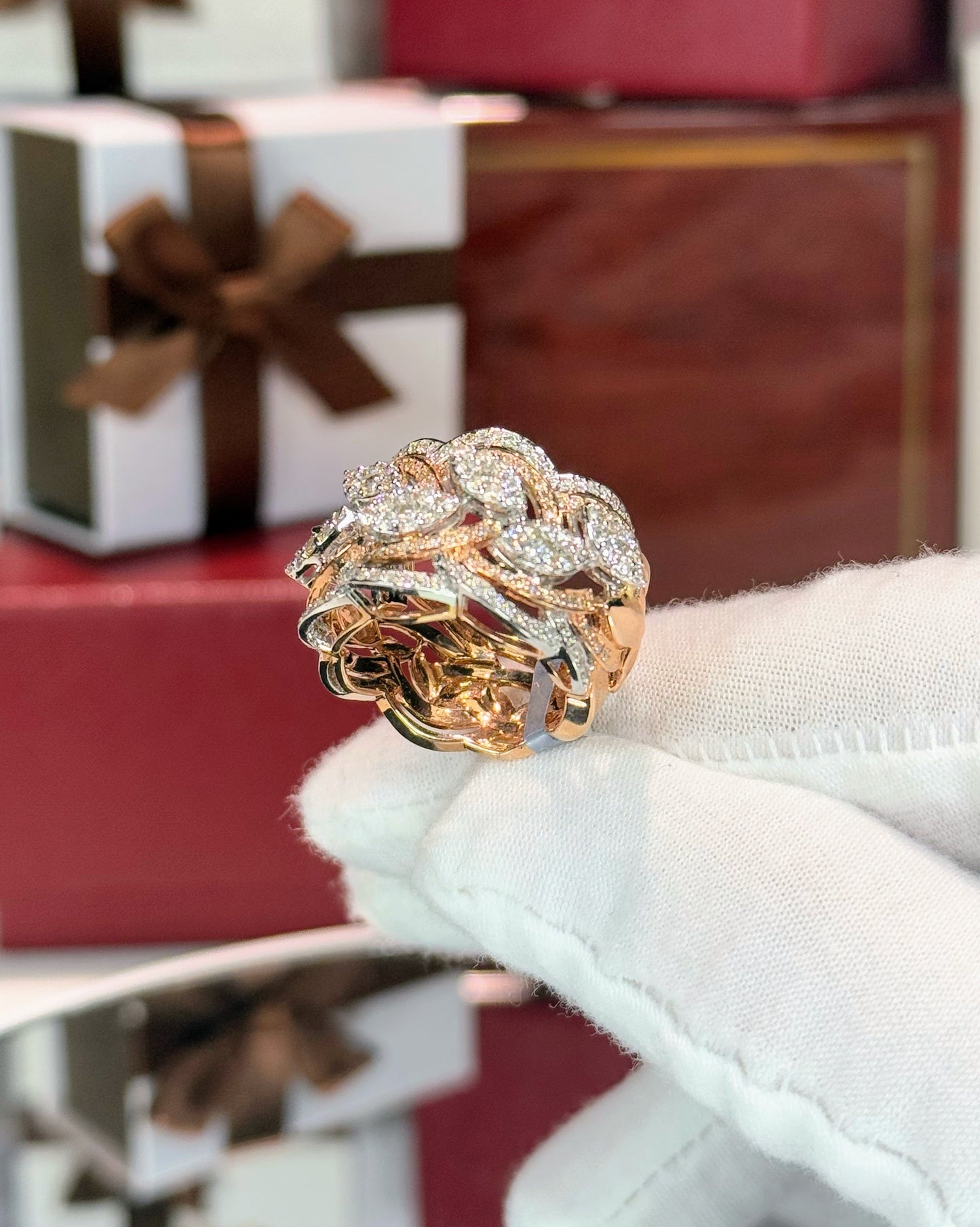 Laurel Wreath Design 14k Rose Gold Diamond Ring