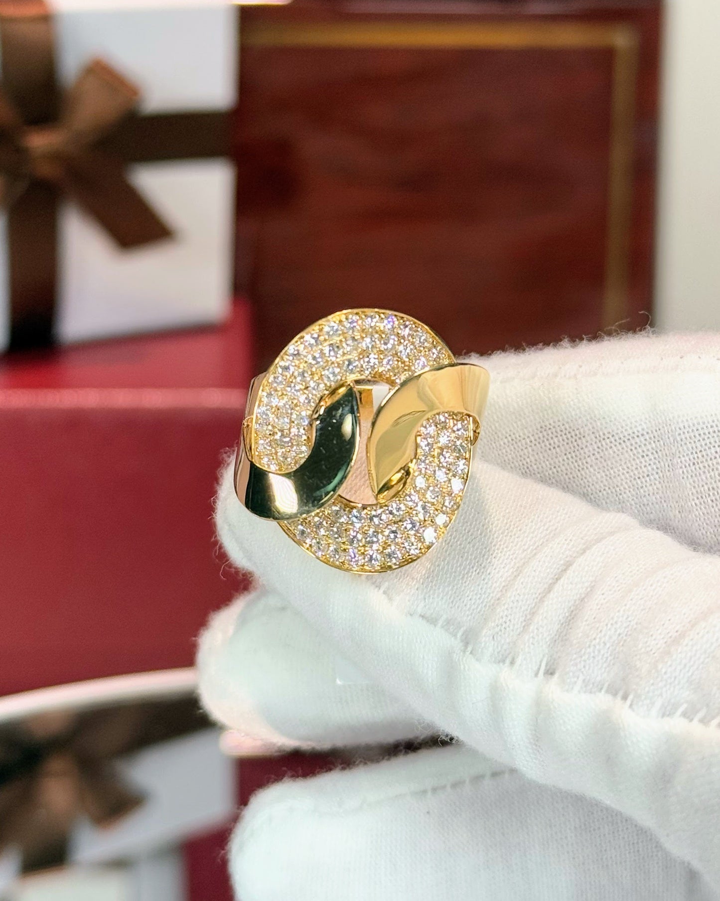 Twisted Interlocking Donut Design 14k Yellow Gold Diamond Ring