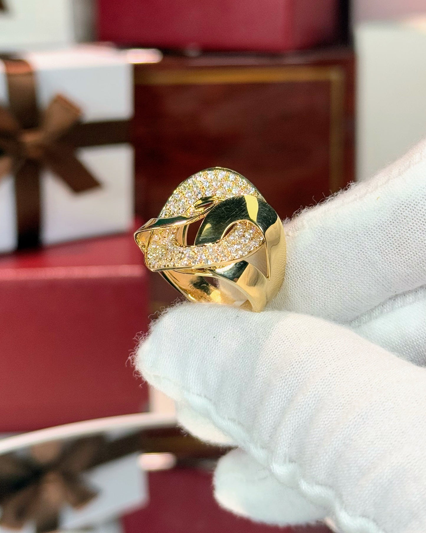 Twisted Interlocking Donut Design 14k Yellow Gold Diamond Ring