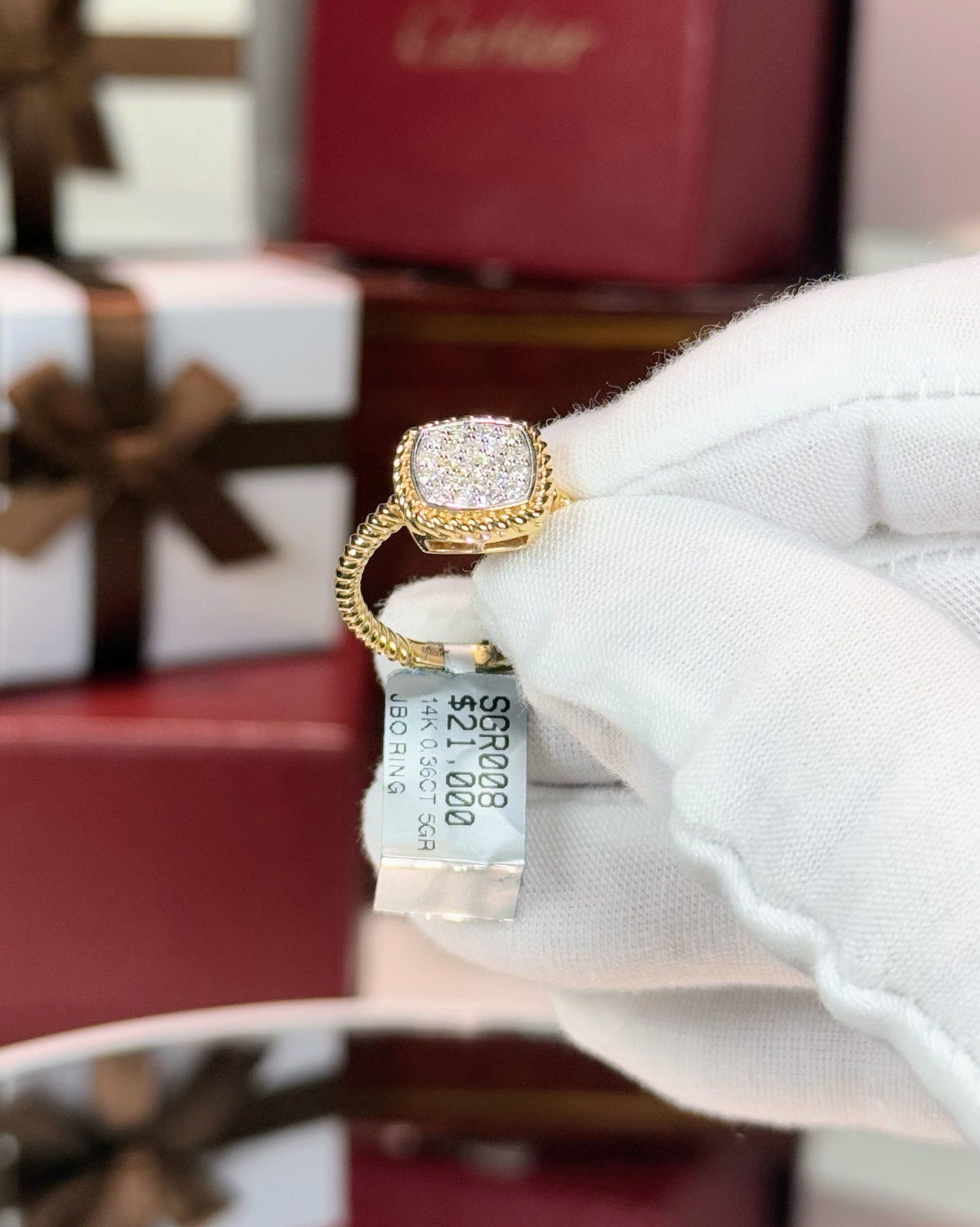 14k Yellow Gold Square Cluster Diamond Rope Shank Ring