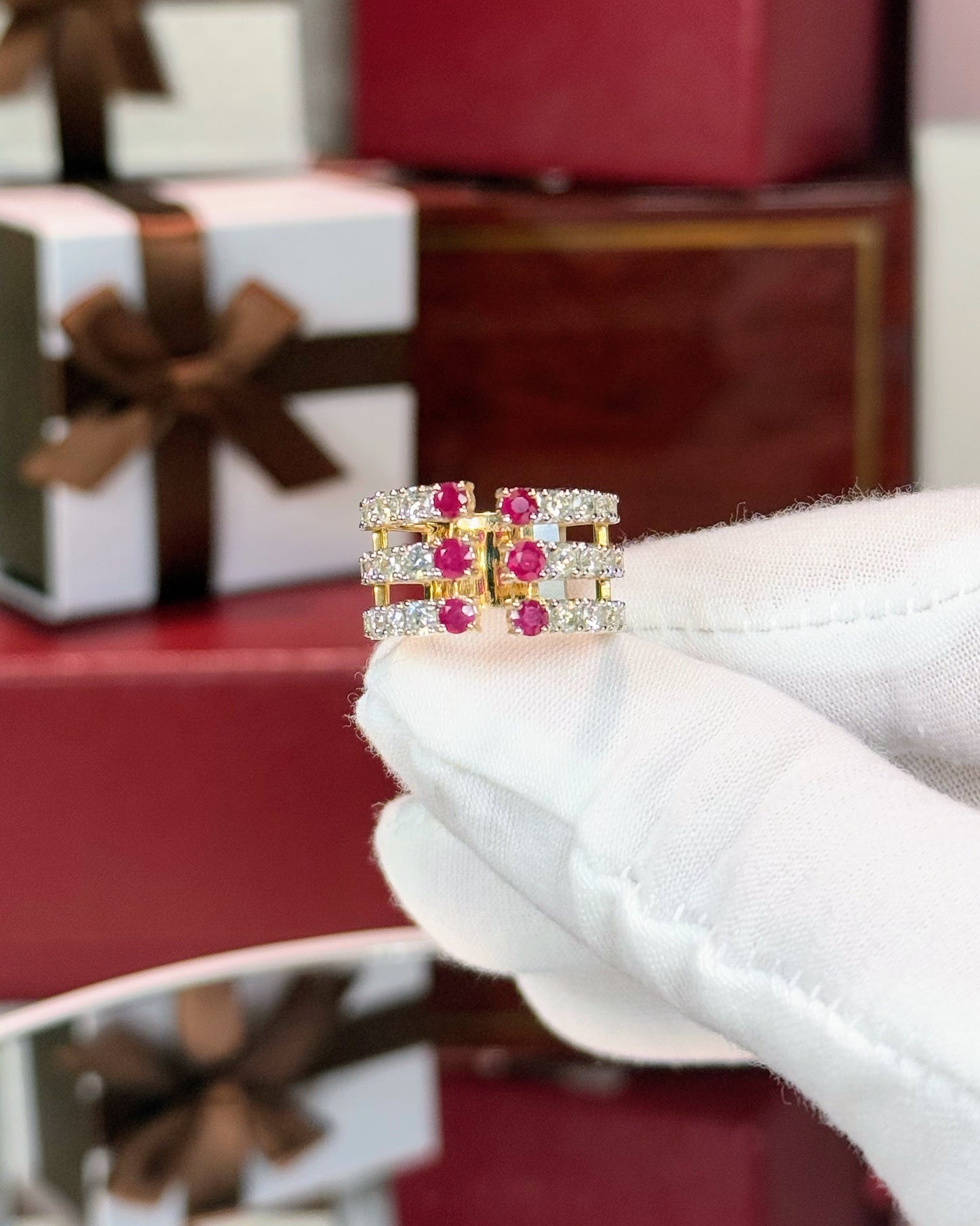 Ruby and Diamond Triple Layer 14k Yellow Gold Open Ring