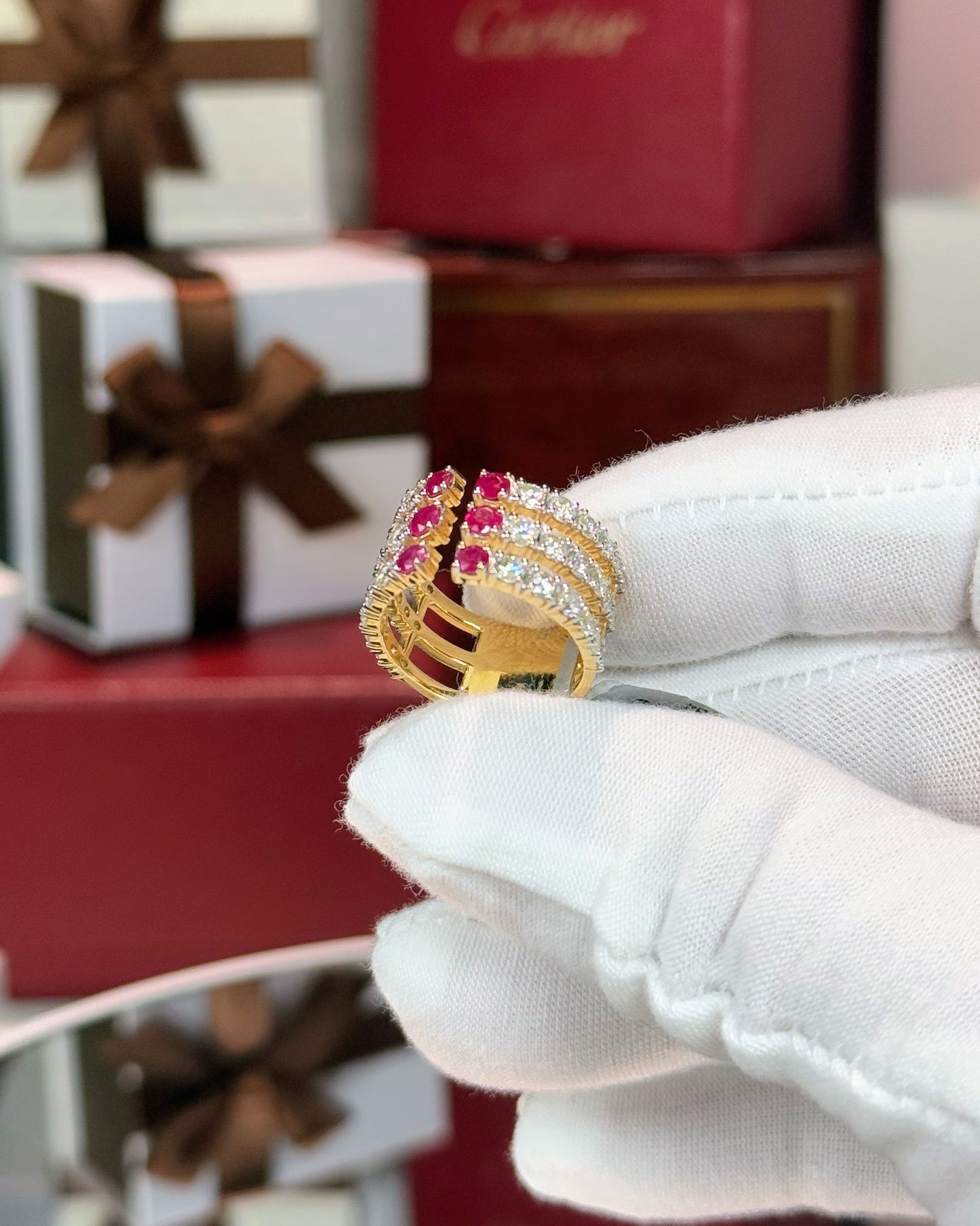 Ruby and Diamond Triple Layer 14k Yellow Gold Open Ring
