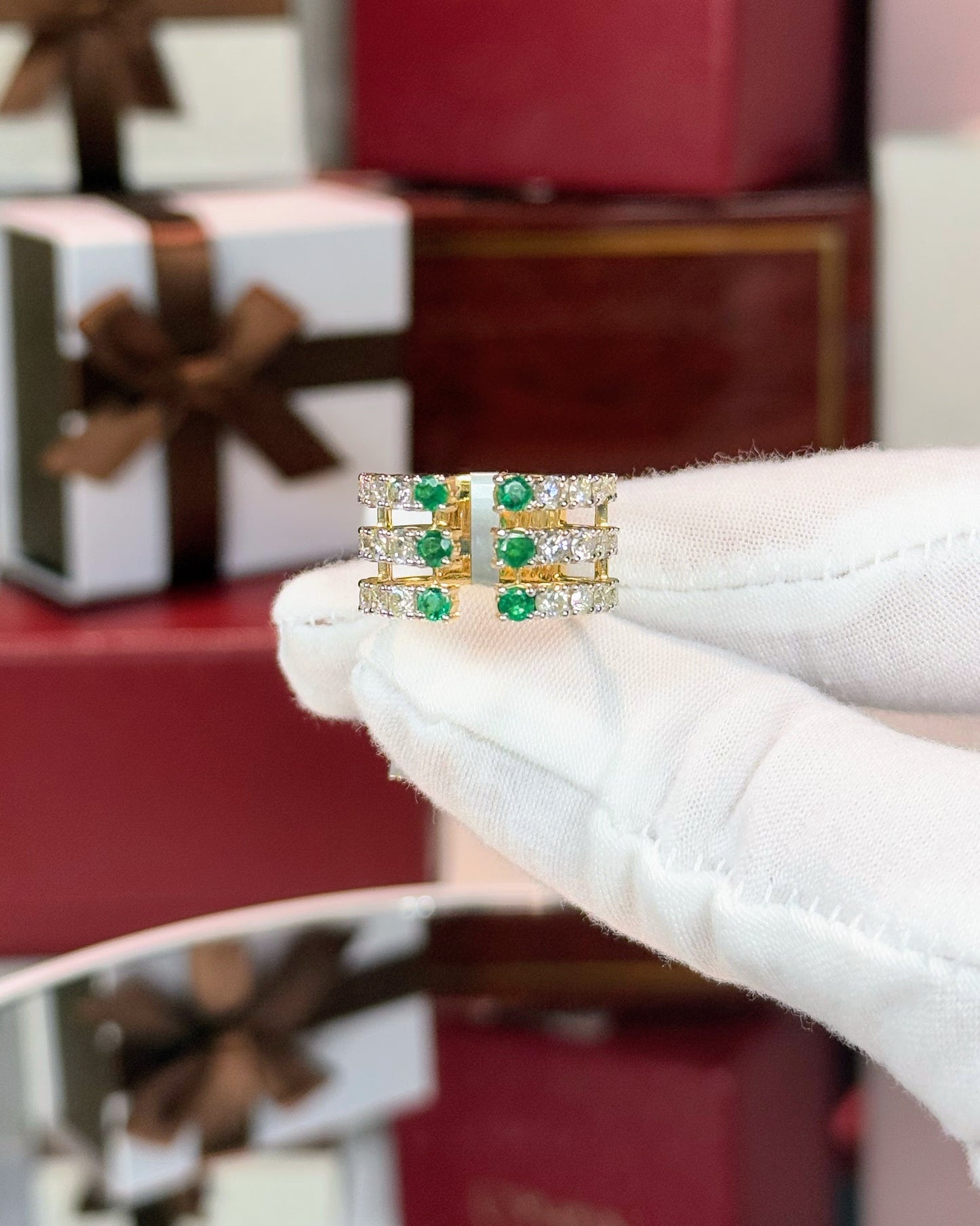 Emerald and Diamond Triple Layer Open 14k Yellow Gold Ring