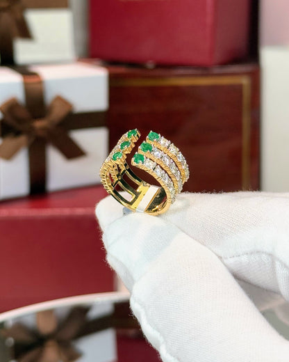 Emerald and Diamond Triple Layer Open 14k Yellow Gold Ring