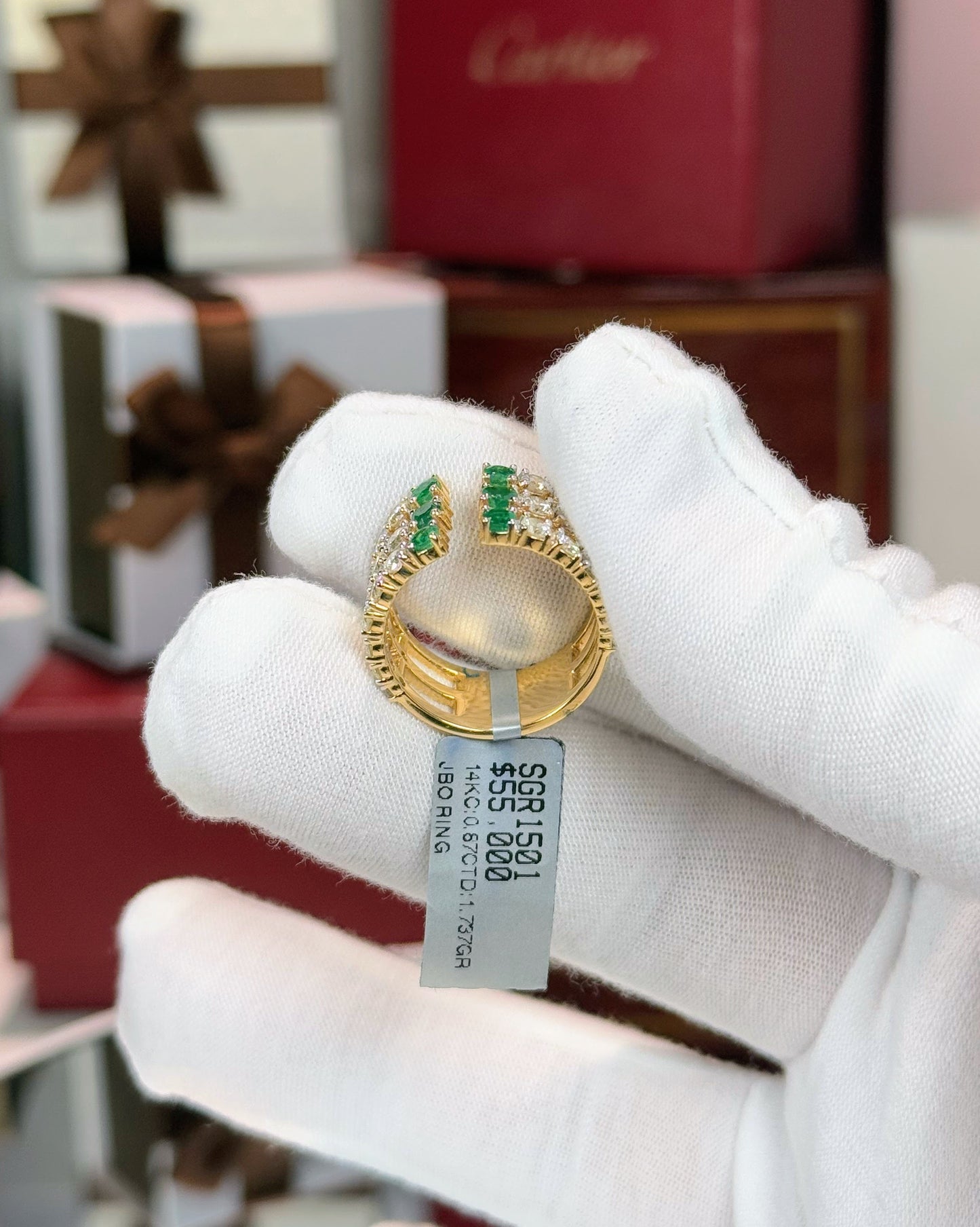 Emerald and Diamond Triple Layer Open 14k Yellow Gold Ring