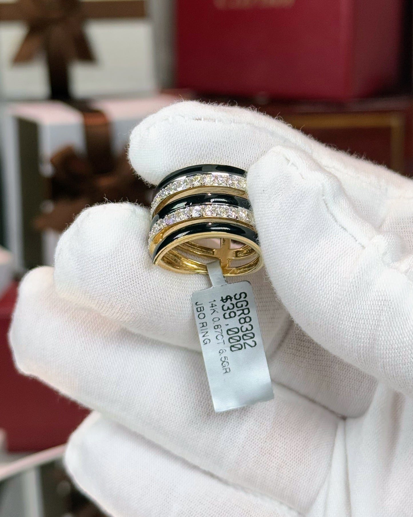 14k Yellow Gold Black Enamel Diamond Ring