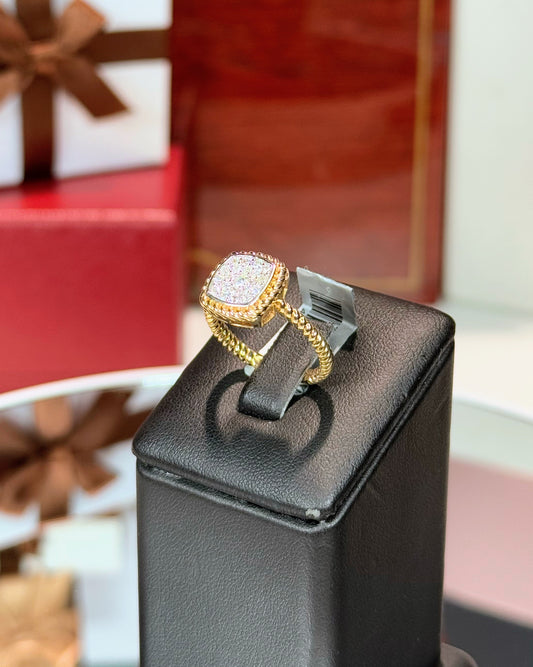14k Yellow Gold Square Cluster Diamond Rope Shank Ring