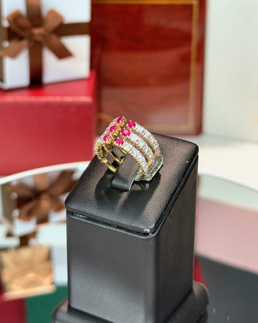 Ruby and Diamond Triple Layer 14k Yellow Gold Open Ring