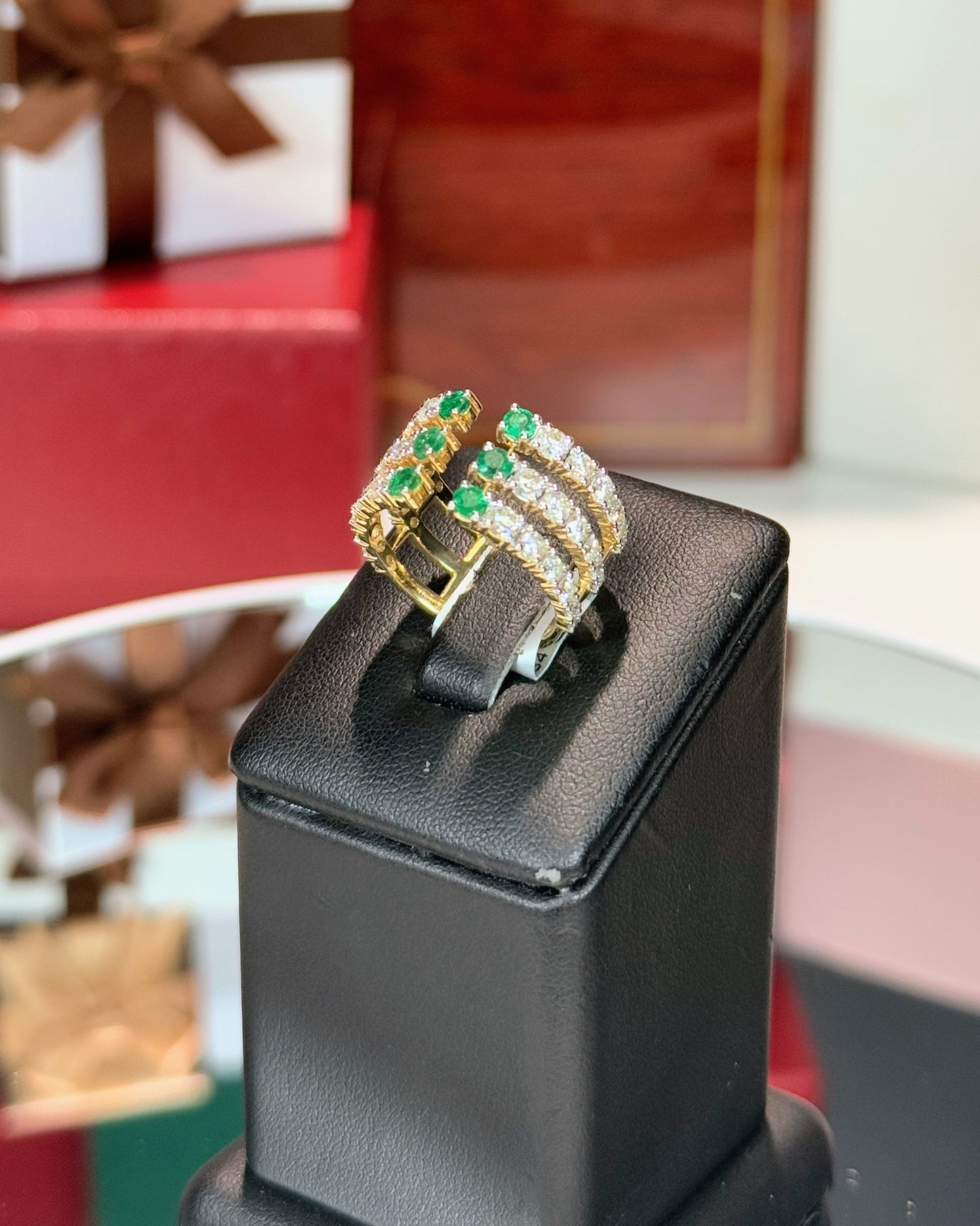 Emerald and Diamond Triple Layer Open 14k Yellow Gold Ring