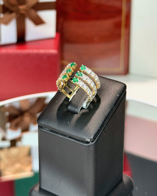 Emerald and Diamond Triple Layer Open 14k Yellow Gold Ring