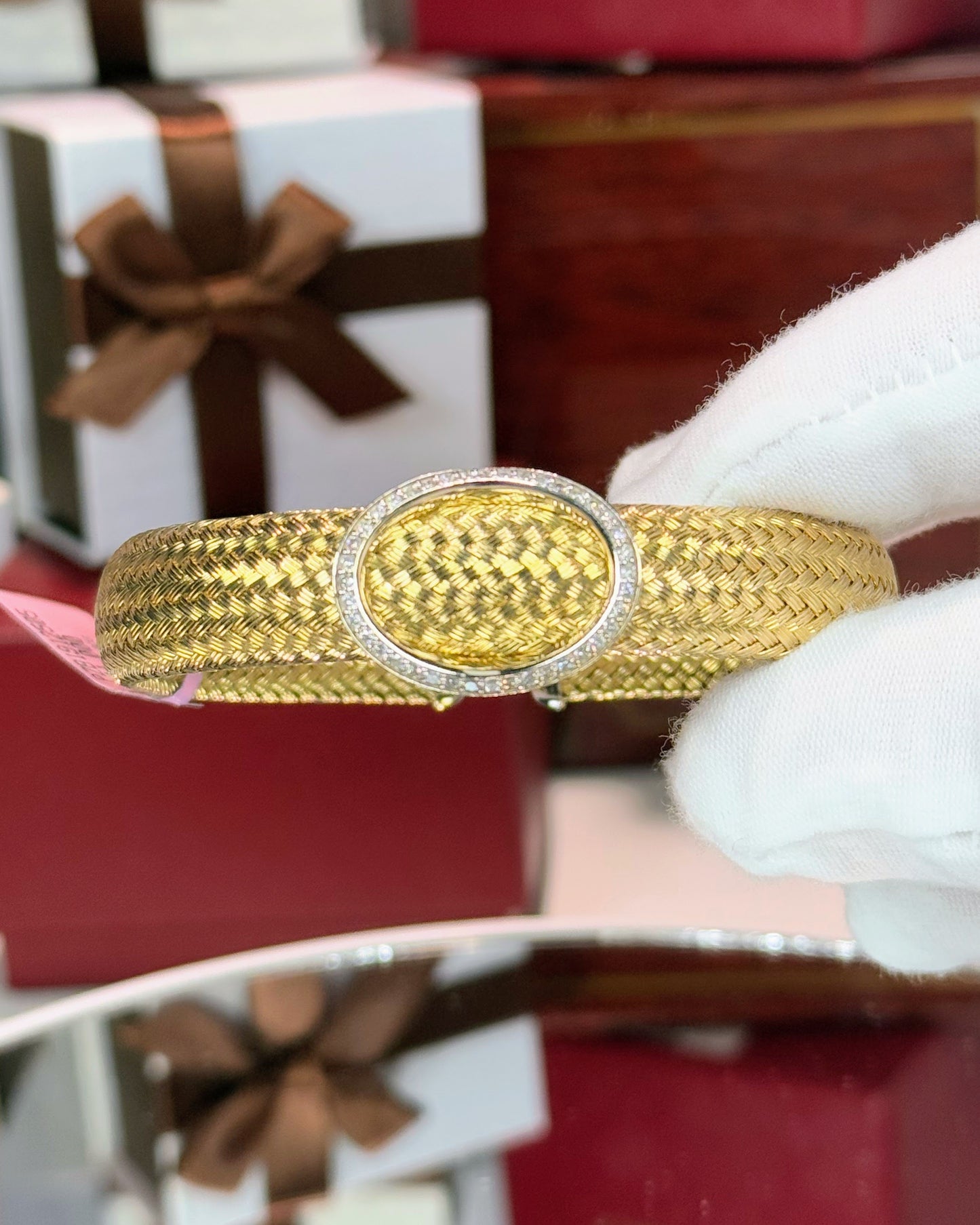 Bamboo Weave Mat Design 14k Yellow Gold Bangle