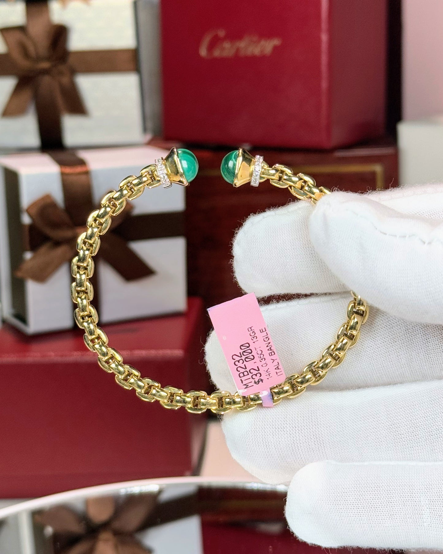 Malachite Open Cuff Yellow Gold Bangle