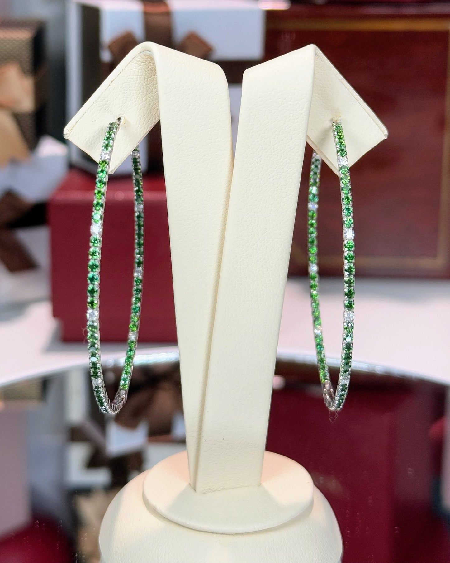 Color Stone and Diamond Hoop 14k White Gold Earrings (Red)