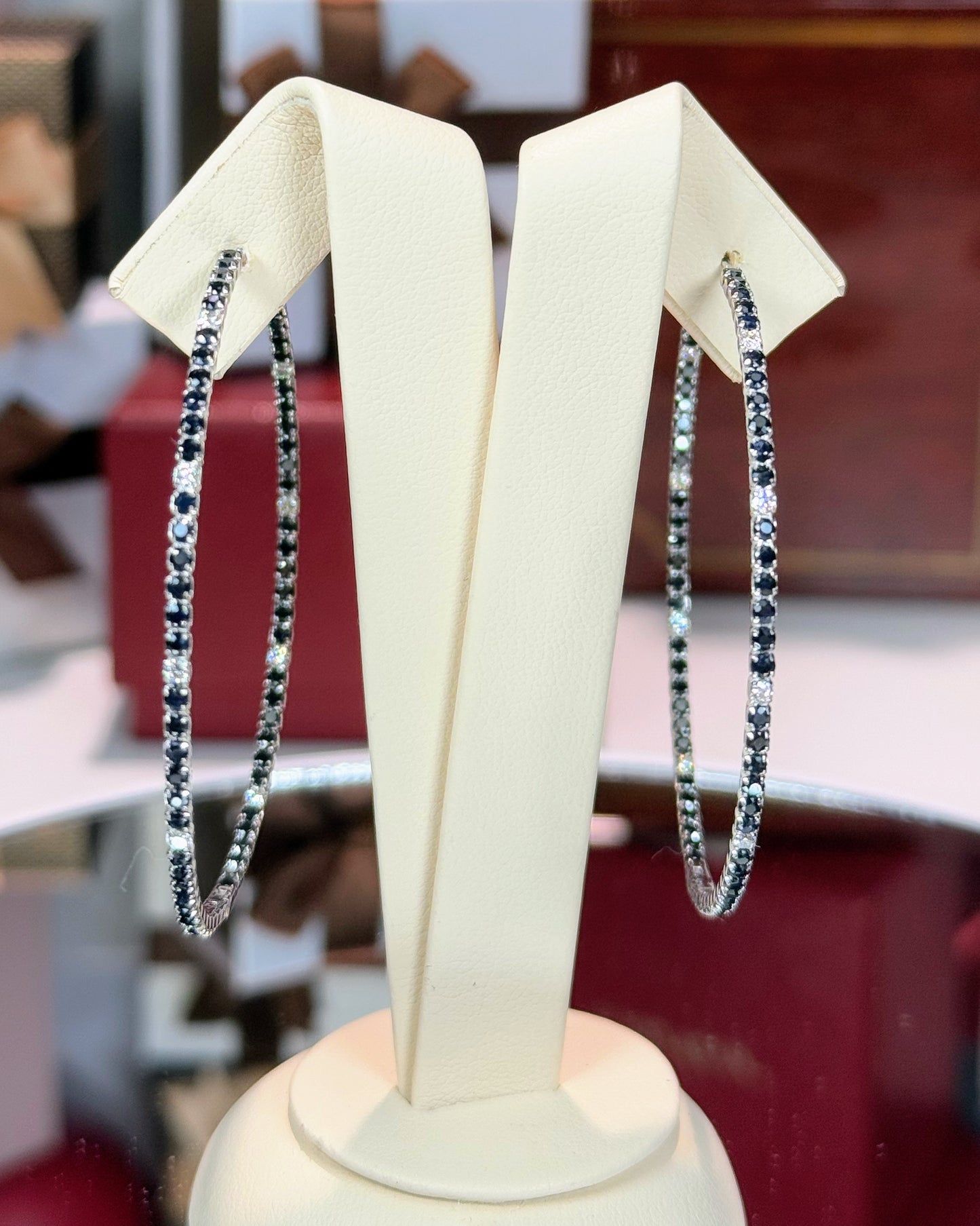 Color Stone and Diamond Hoop 14k White Gold Earrings (Red)
