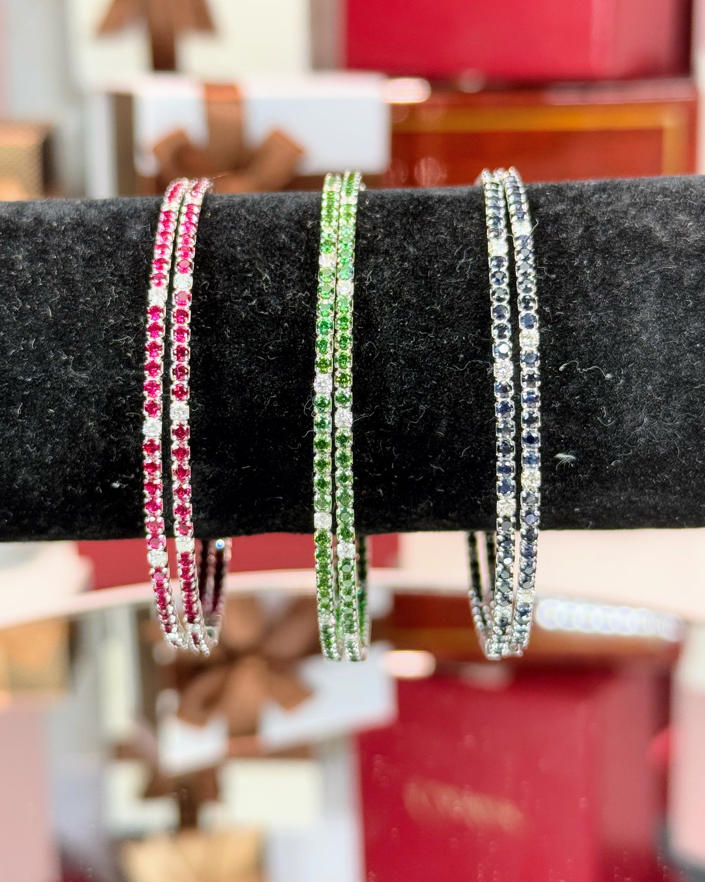 Color Stone and Diamond Hoop 14k White Gold Earrings (Red)