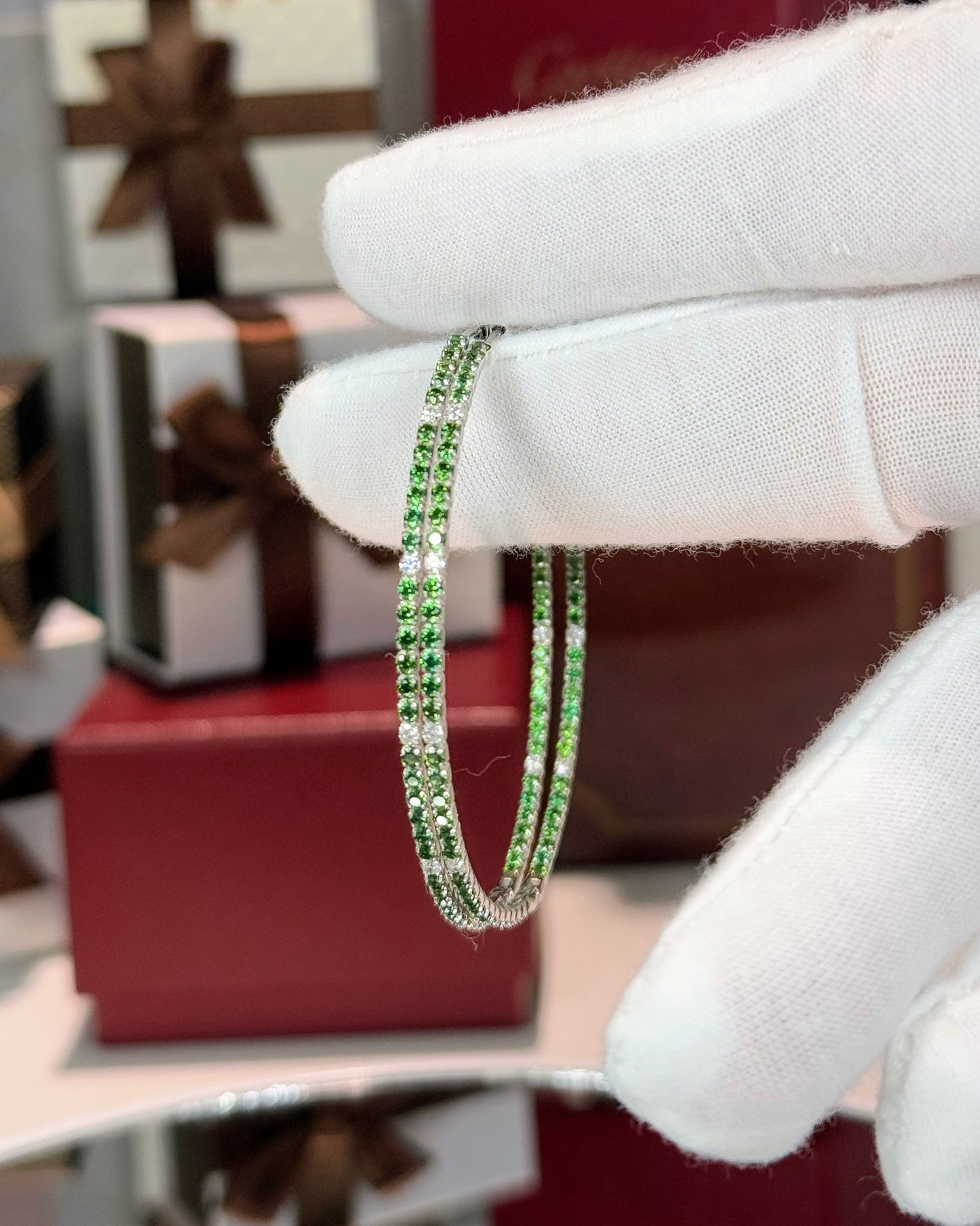 Color Stone and Diamond Hoop 14k White Gold Earrings (Red)