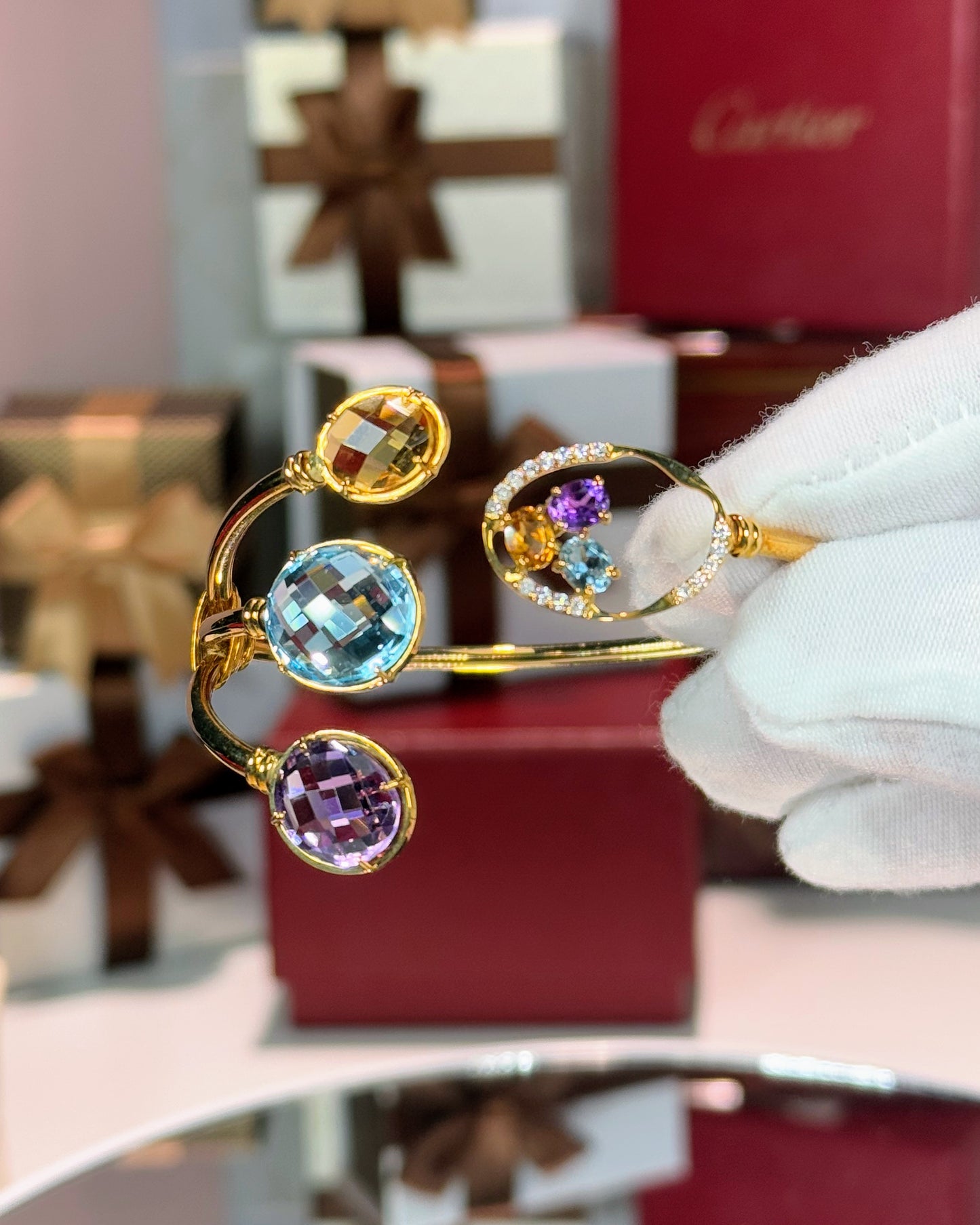 14k Yellow Gold Color Stones Open Cuff Diamond Bangle