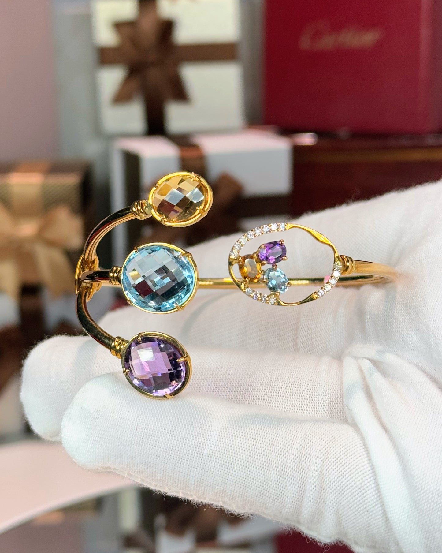 14k Yellow Gold Color Stones Open Cuff Diamond Bangle