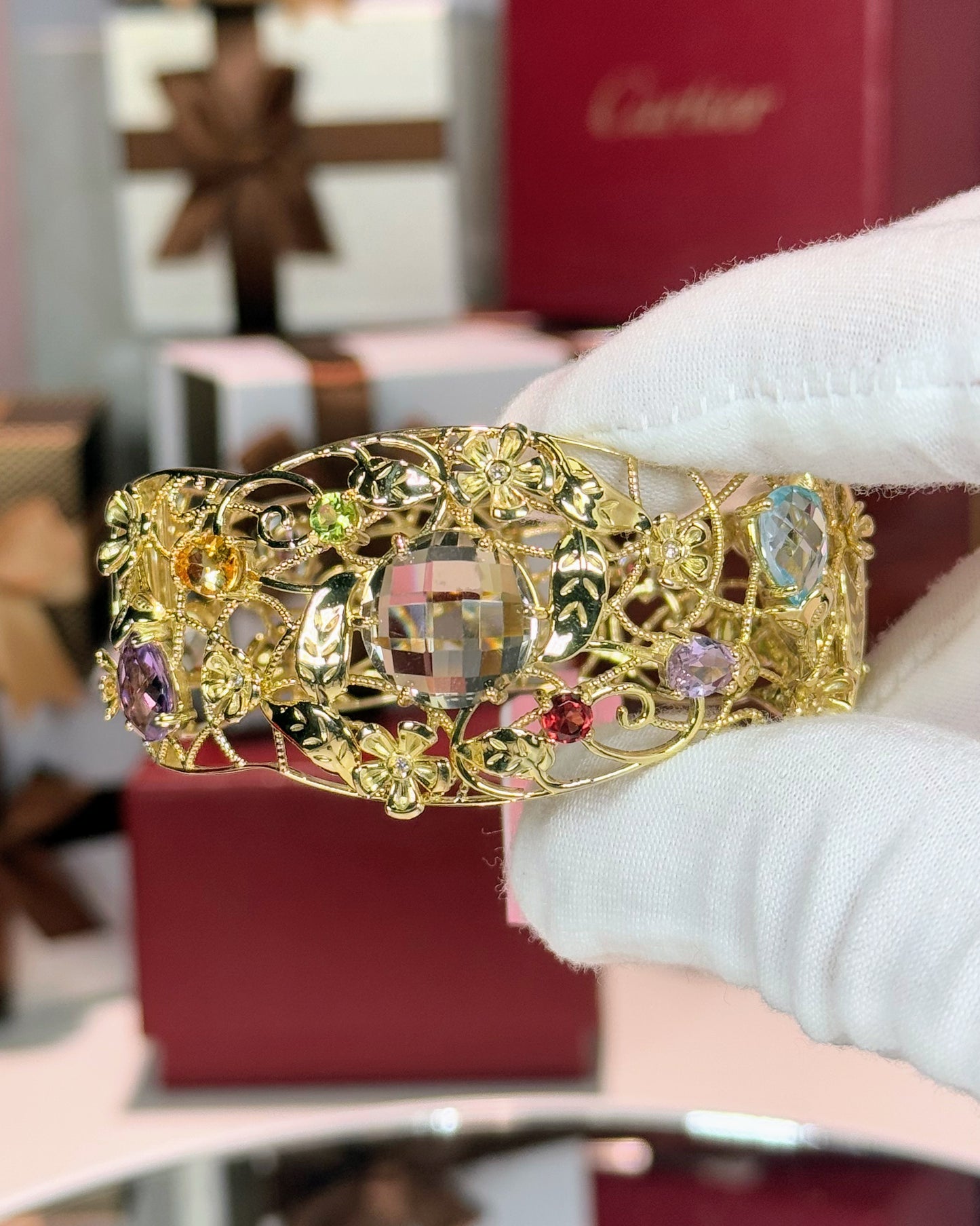 Assorted Color Stones Flower Vines 14k Yellow Gold Bangle