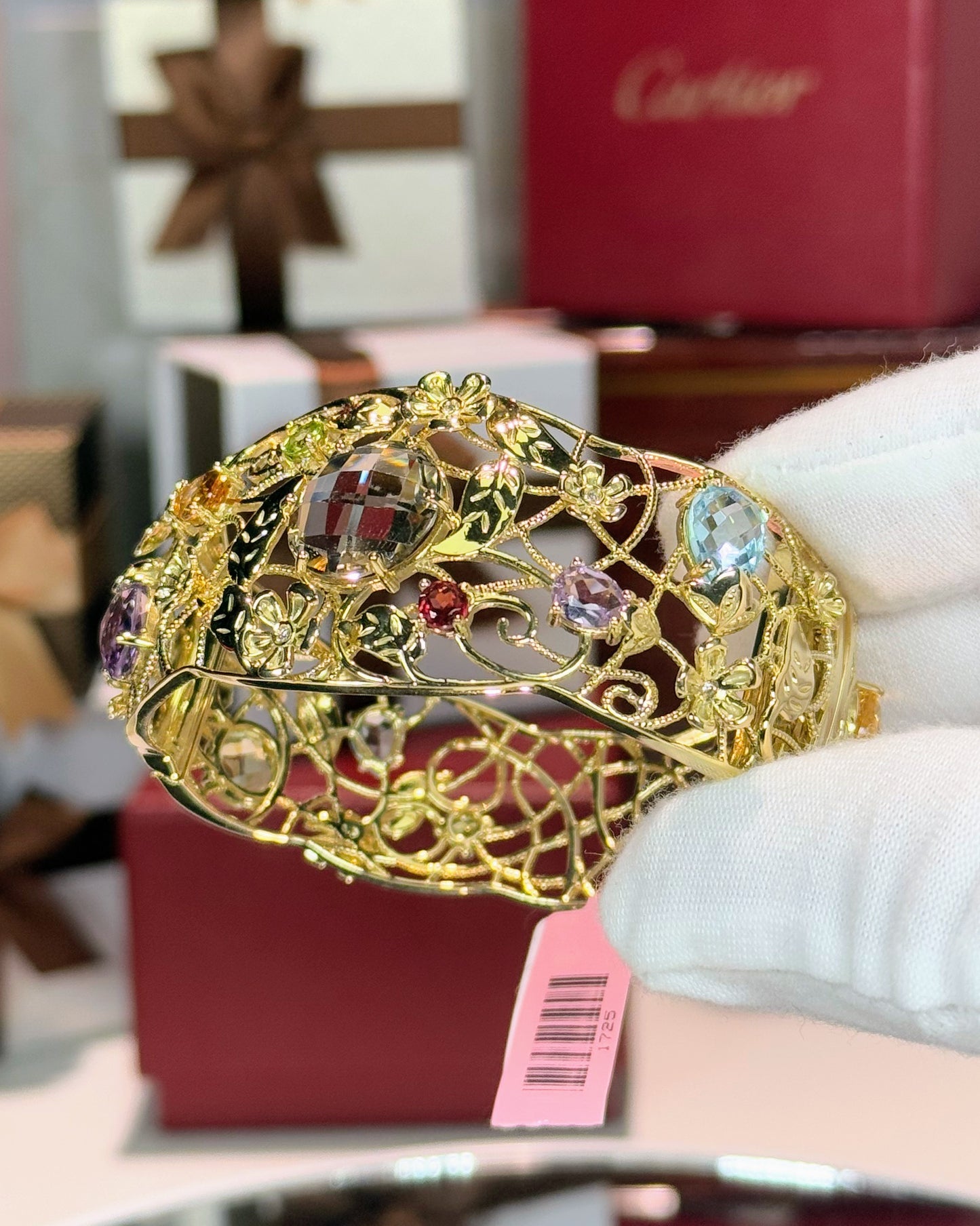 Assorted Color Stones Flower Vines 14k Yellow Gold Bangle