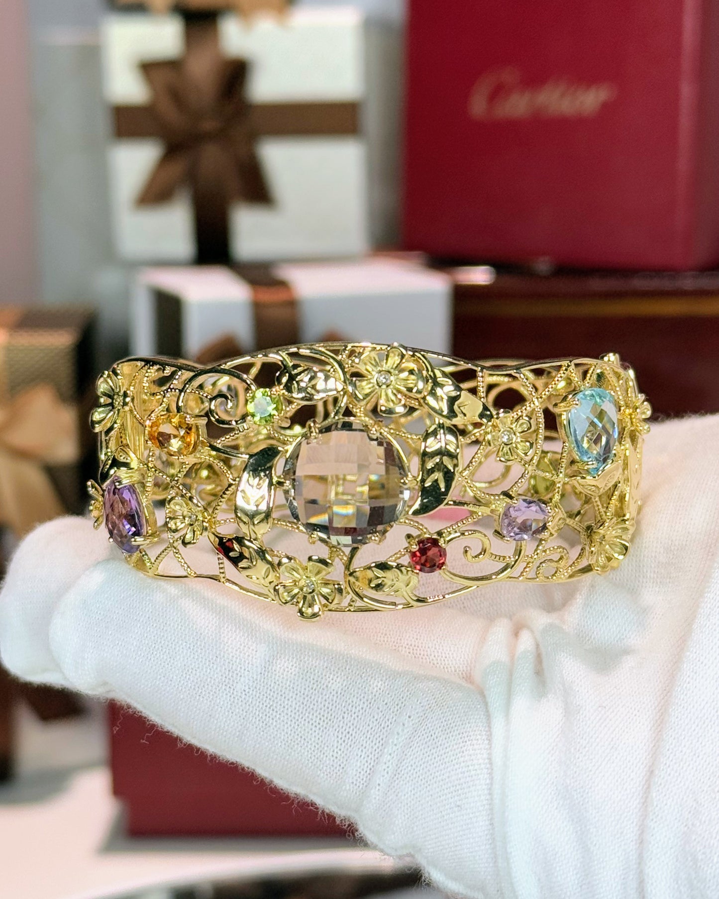 Assorted Color Stones Flower Vines 14k Yellow Gold Bangle