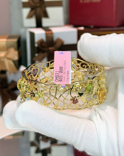 Assorted Color Stones Flower Vines 14k Yellow Gold Bangle