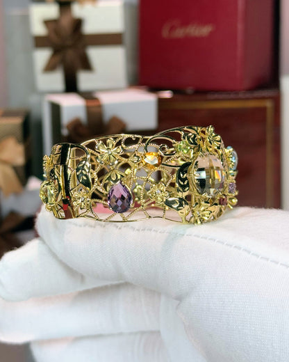 Assorted Color Stones Flower Vines 14k Yellow Gold Bangle