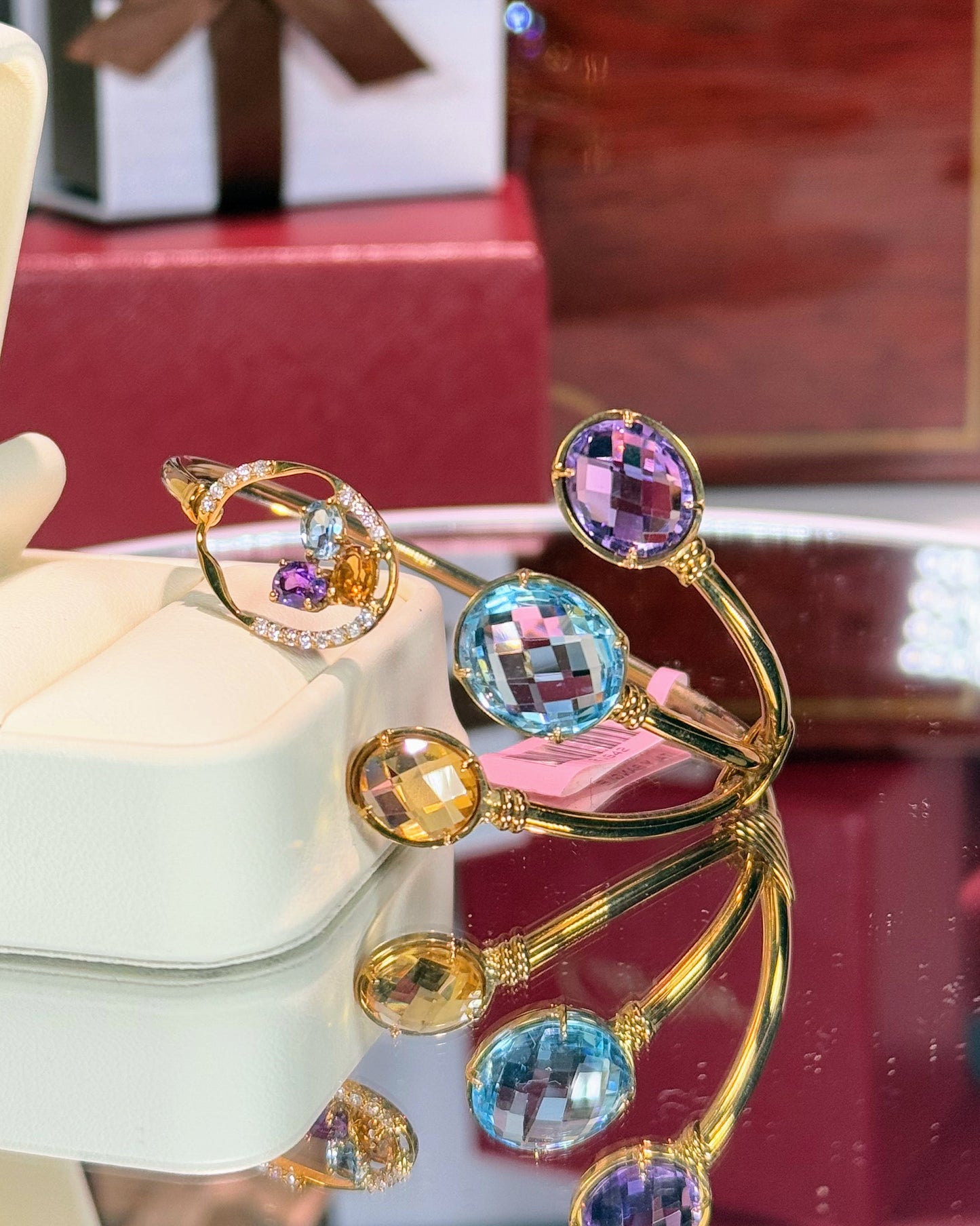 14k Yellow Gold Color Stones Open Cuff Diamond Bangle