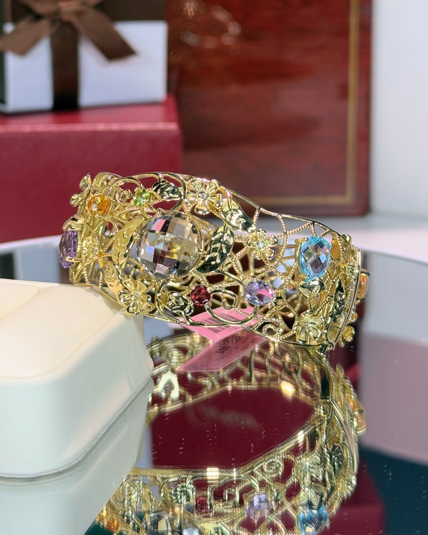 Assorted Color Stones Flower Vines 14k Yellow Gold Bangle