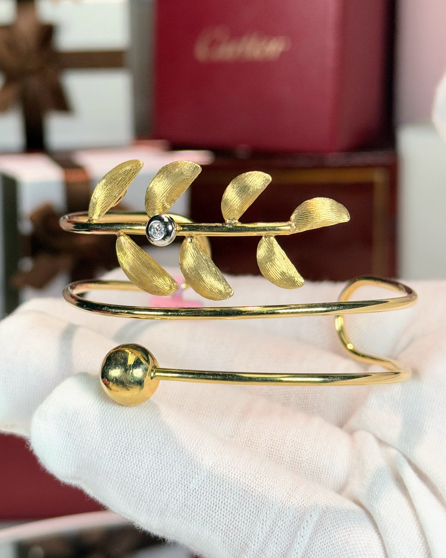 14k Yellow Gold Leaf Branch Wrap Bangle