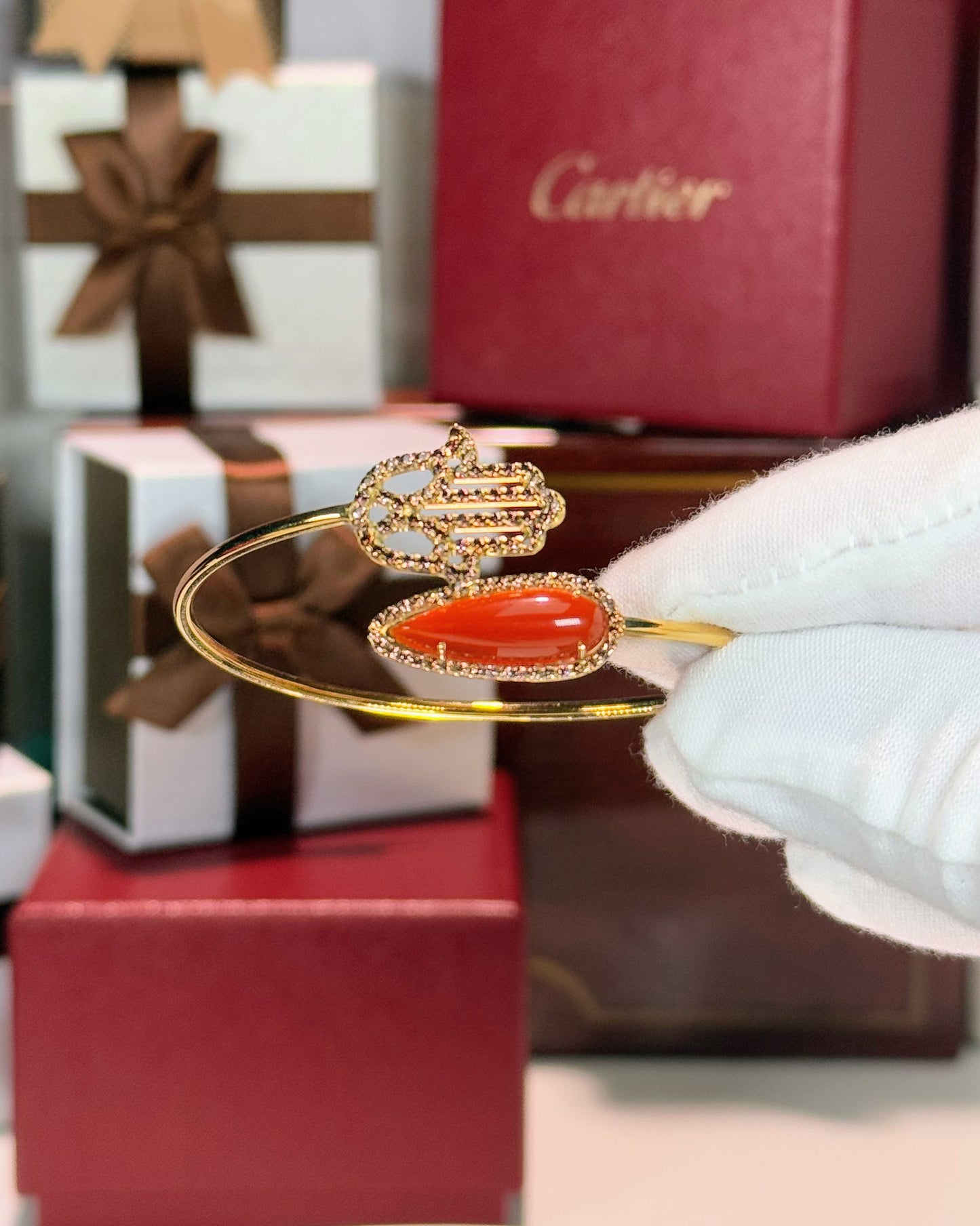 14k Yellow Gold Red Agate and Hand Diamond Bypass Bangle