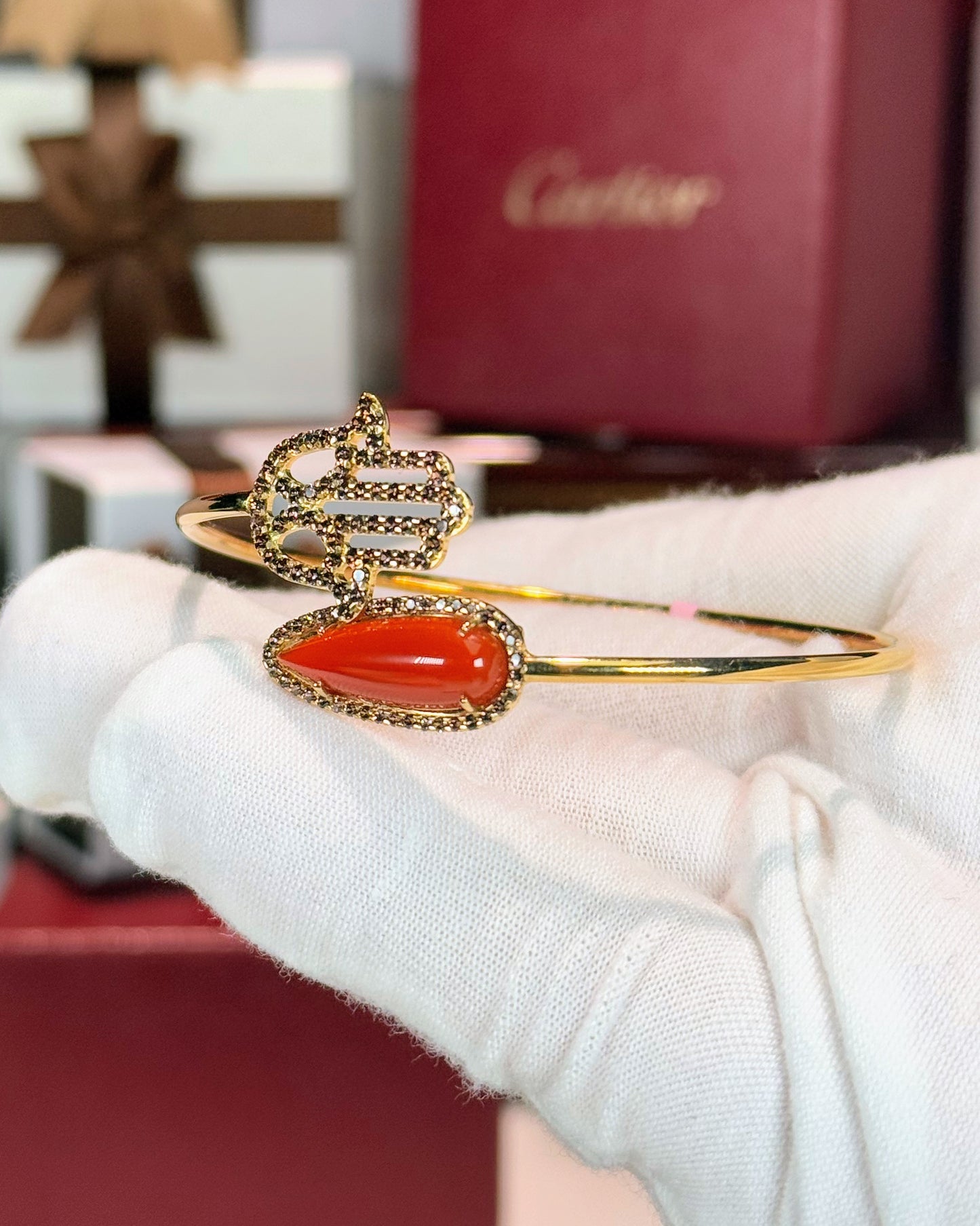 14k Yellow Gold Red Agate and Hand Diamond Bypass Bangle