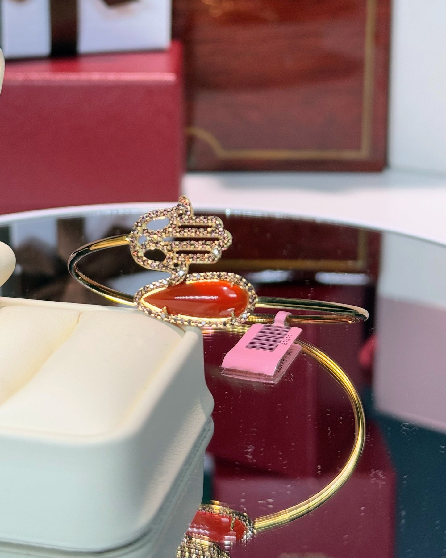 14k Yellow Gold Red Agate and Hand Diamond Bypass Bangle