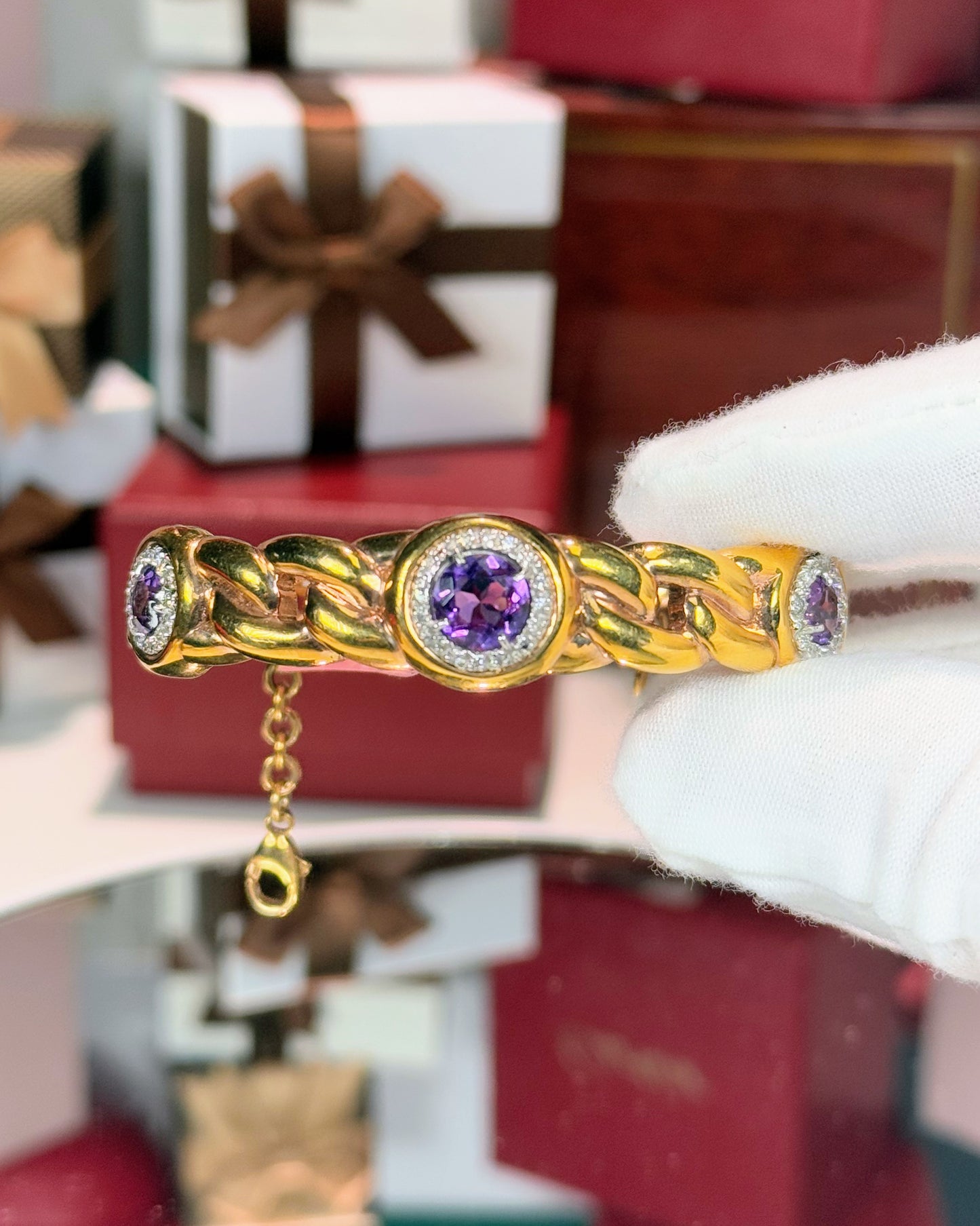 Amethyst and Diamond 14k Yellow Gold Chain Bracelet