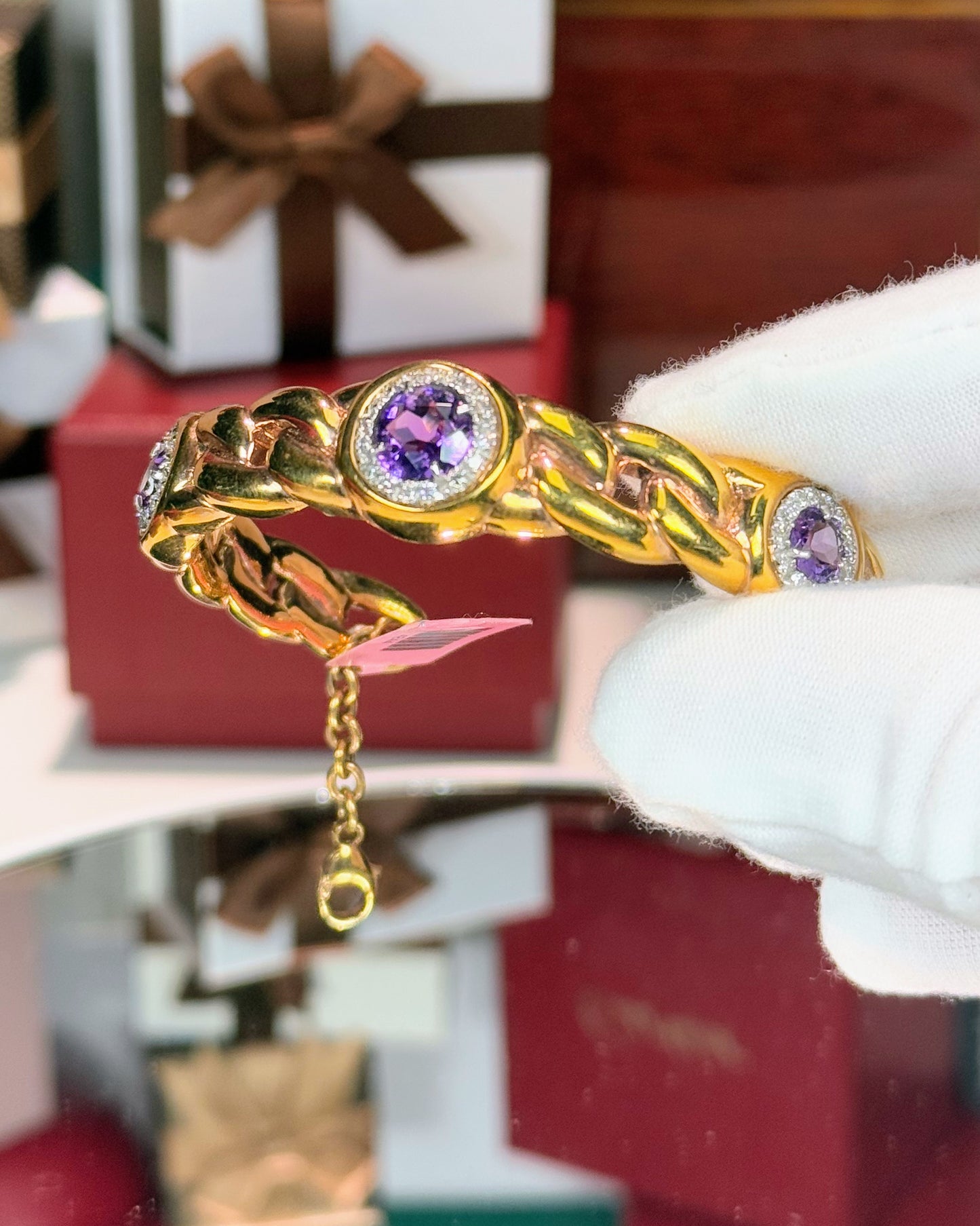 Amethyst and Diamond 14k Yellow Gold Chain Bracelet