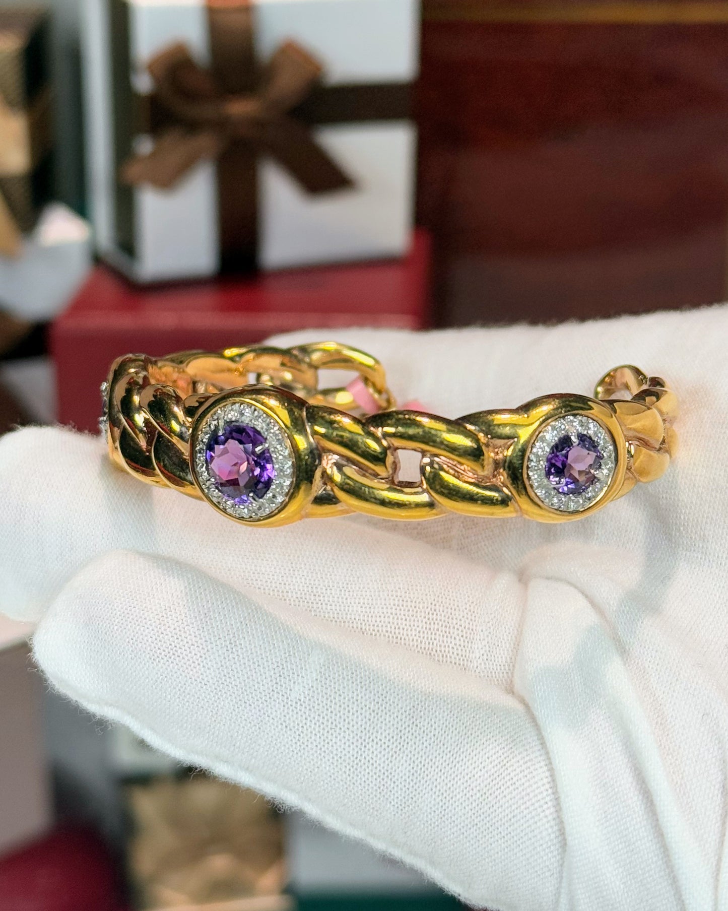 Amethyst and Diamond 14k Yellow Gold Chain Bracelet