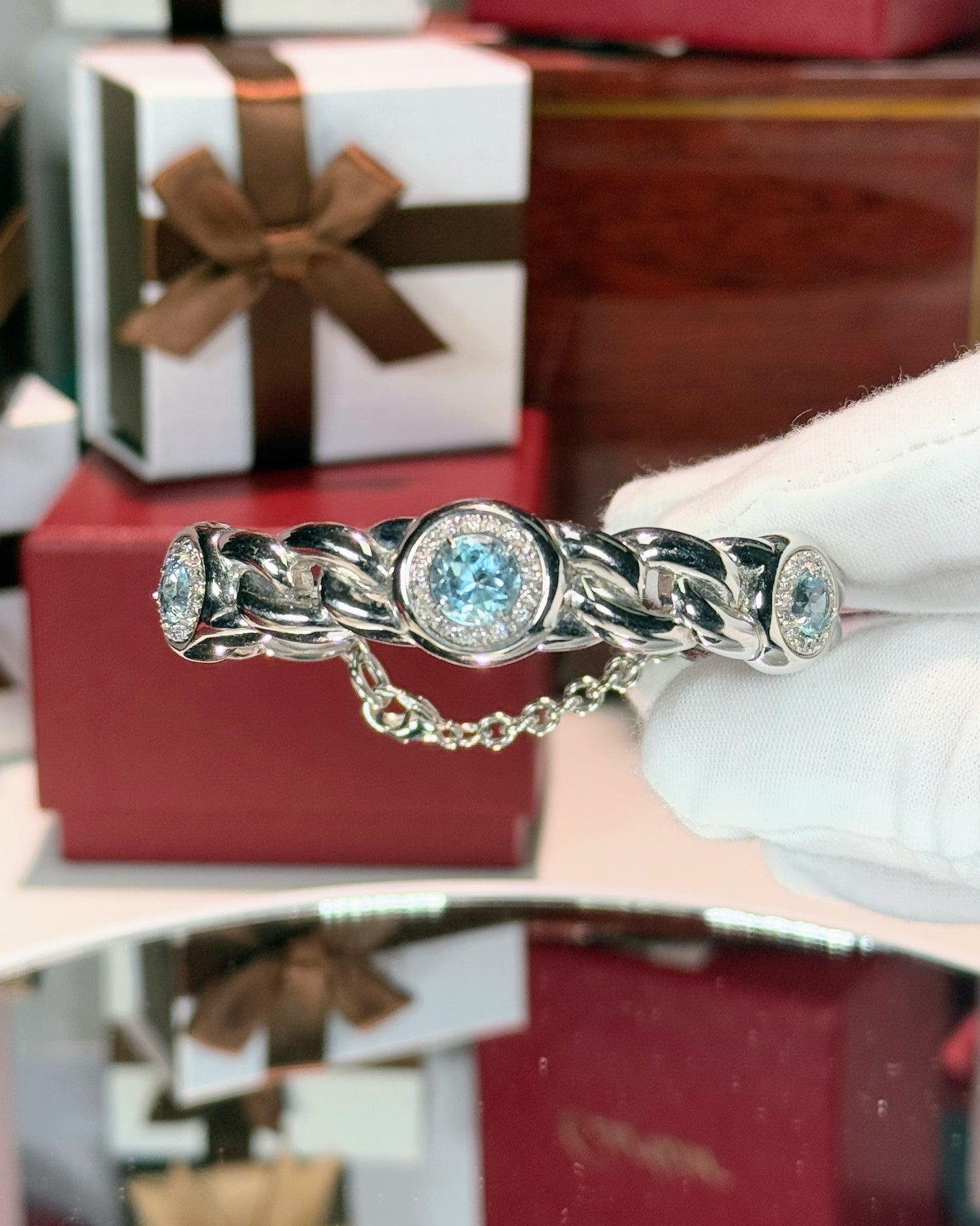 Blue Topaz and Diamond 14k White Gold Chain Bracelet