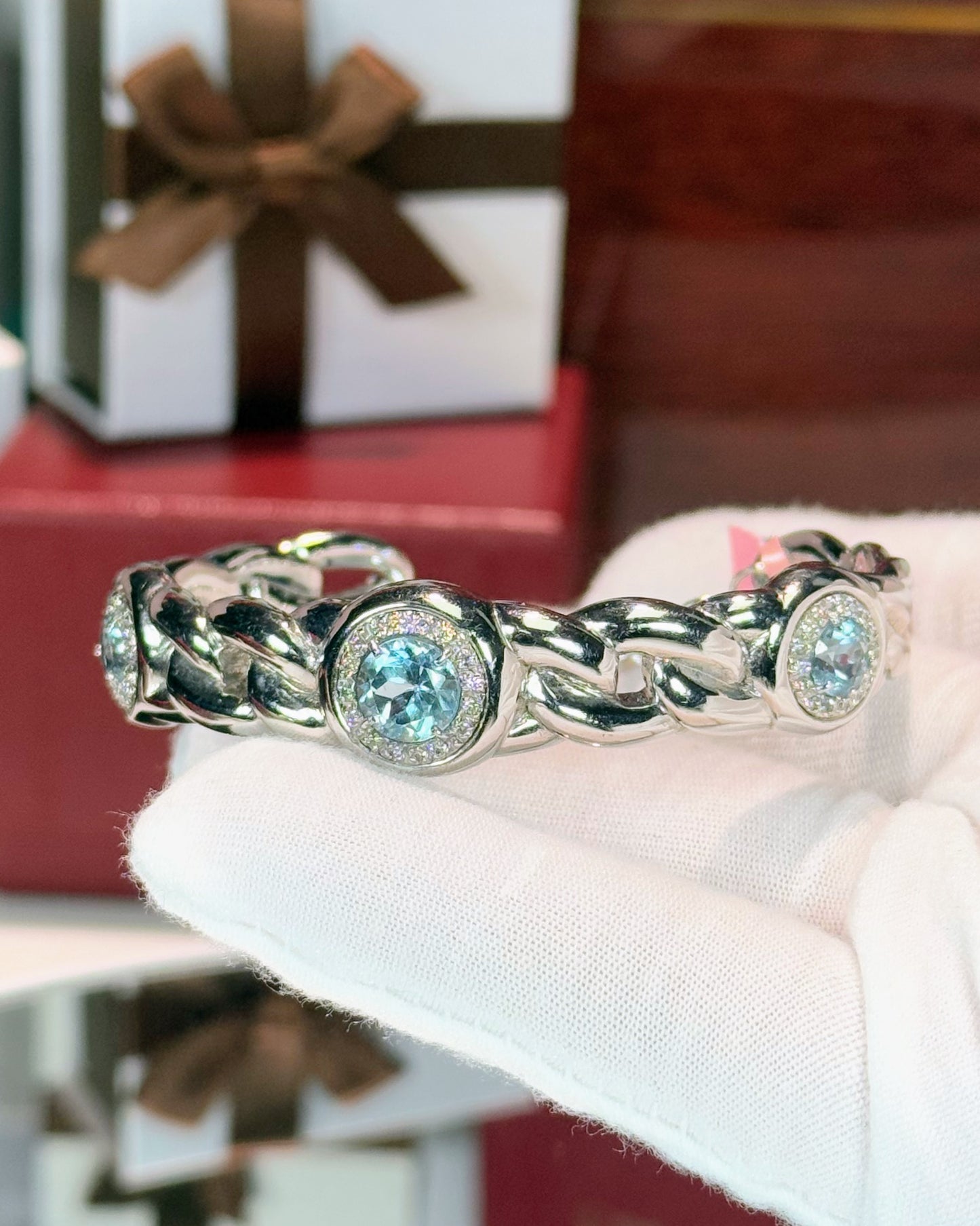 Blue Topaz and Diamond 14k White Gold Chain Bracelet